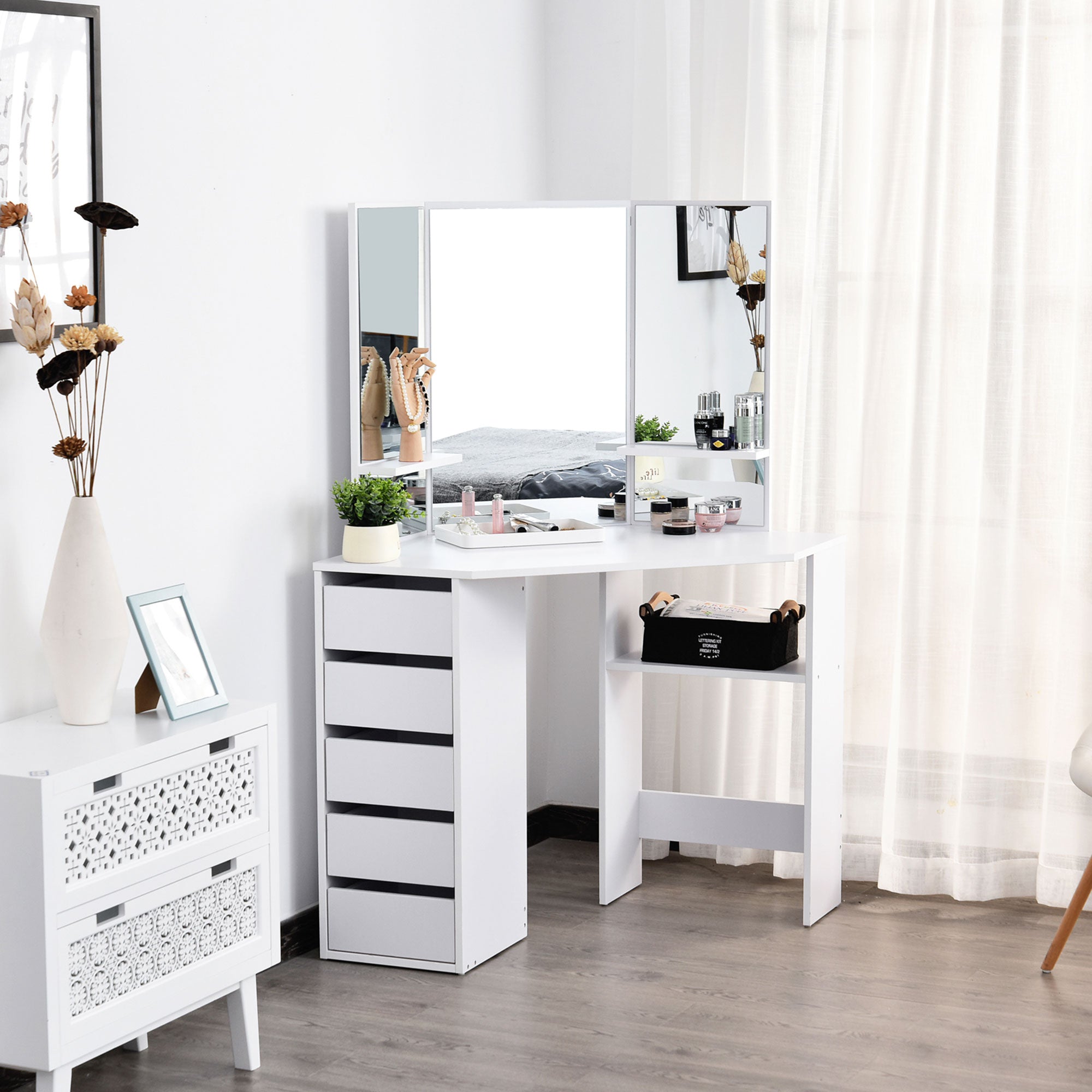 HOMCOM Small Dressing Table Corner Vanity Desk with Drawers and Mirror, White 