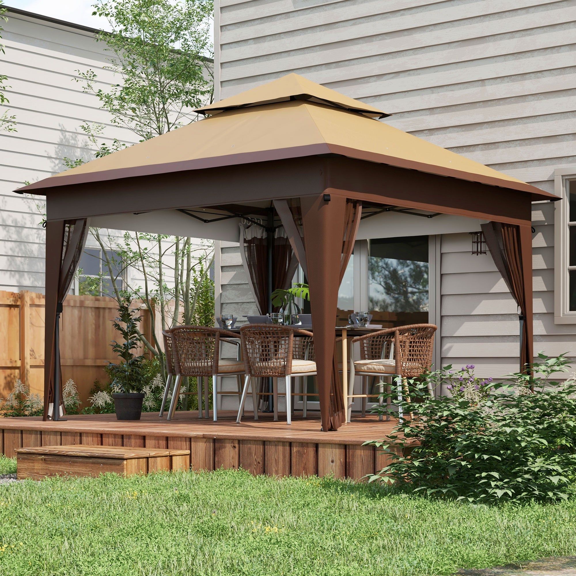 Outsunny 11x11FT Pop Up Canopy with 1-Button Push, Mosquito Netting, Carry Bag, Sandbags, Height Adjustable Instant Shelter 