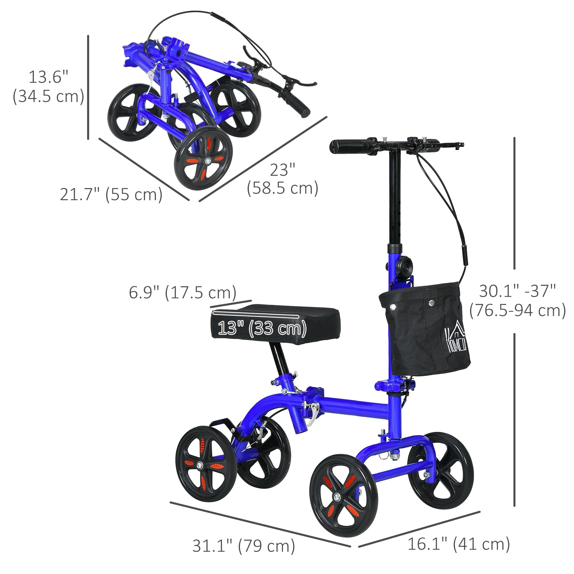 HOMCOM Steerable Knee Walker, Foldable Knee Scooter with Dual Braking System, Adjustable Height, Crutch Alternative, Blue 