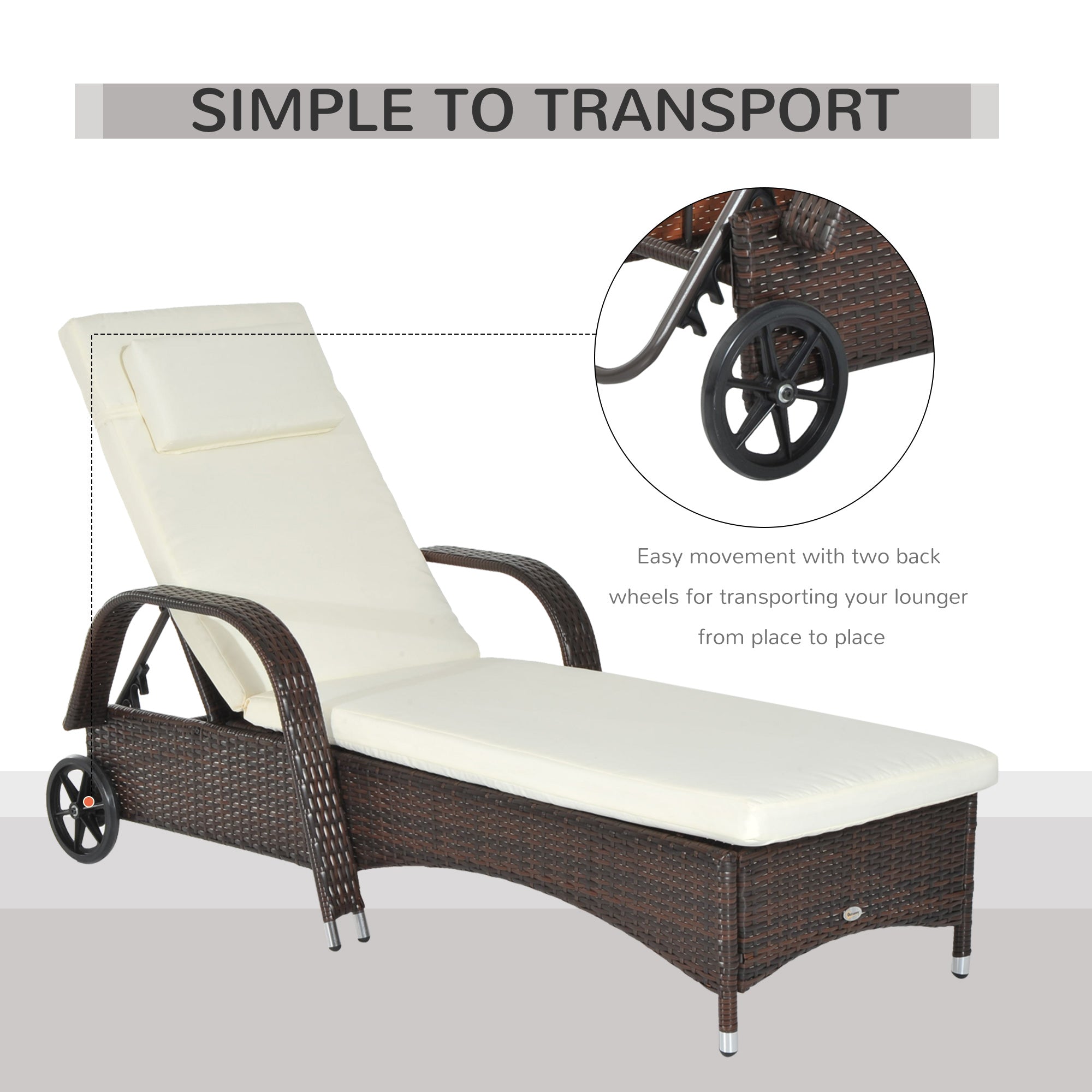 Outsunny Adjustable Wicker Sun Lounger Outdoor Recliner Chair Garden Chaise Lounge with Cushion, Brown 