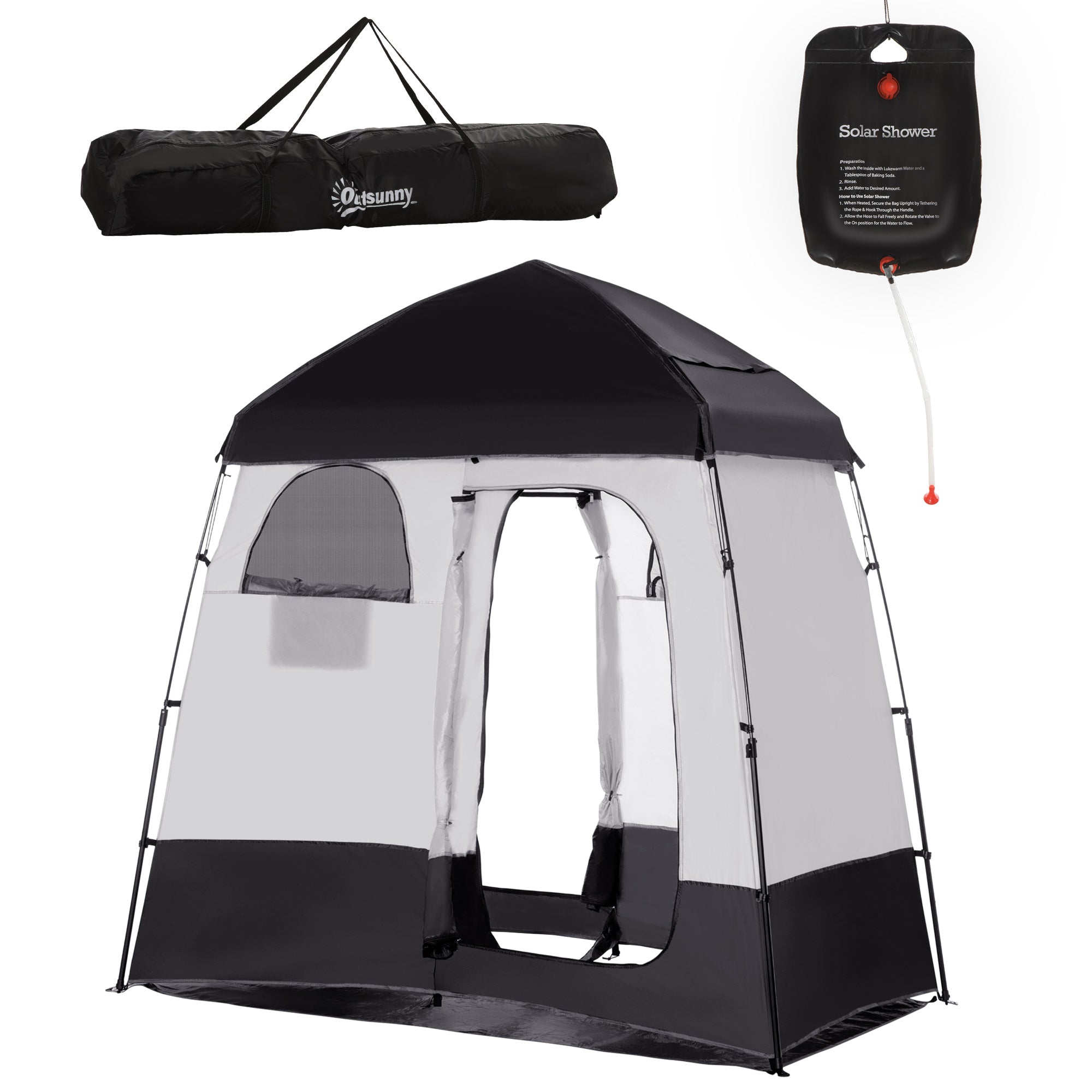 Outsunny Outdoor Portable Pop Up Shower Tent Changing Tent Privacy Enclosure with 2 Rooms, Shower Bag, Floor for Camping, Black 