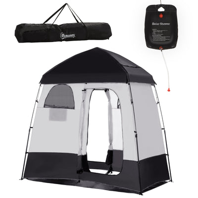 Outsunny Outdoor Portable Pop Up Shower Tent Changing Tent Privacy Enclosure with 2 Rooms, Shower Bag, Floor for Camping, Black 