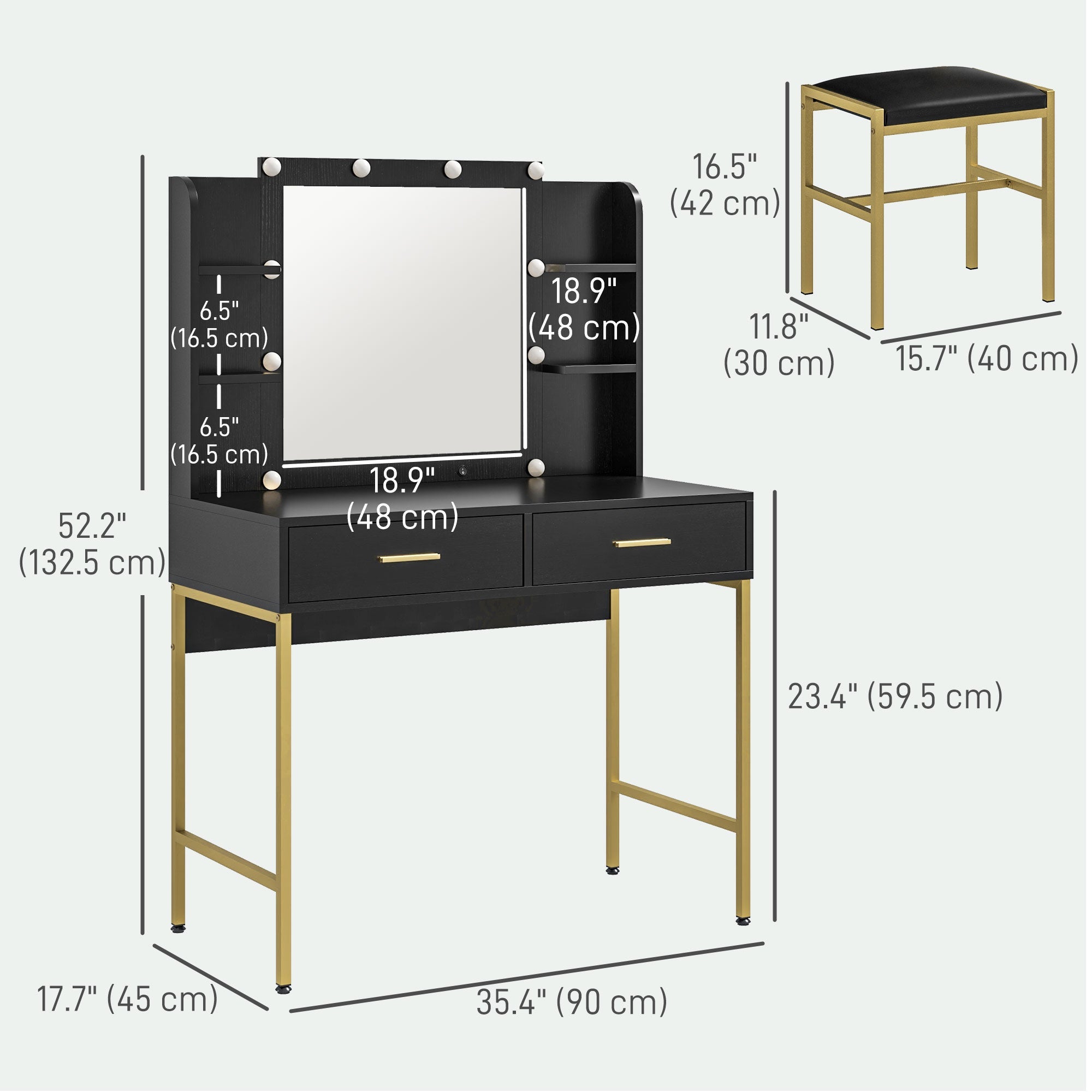 HOMCOM Makeup Vanity Desk Set with Lighted Mirror, Stool, Drawers, Shelves, 2 Lighting Modes, Dressing Table, Black 