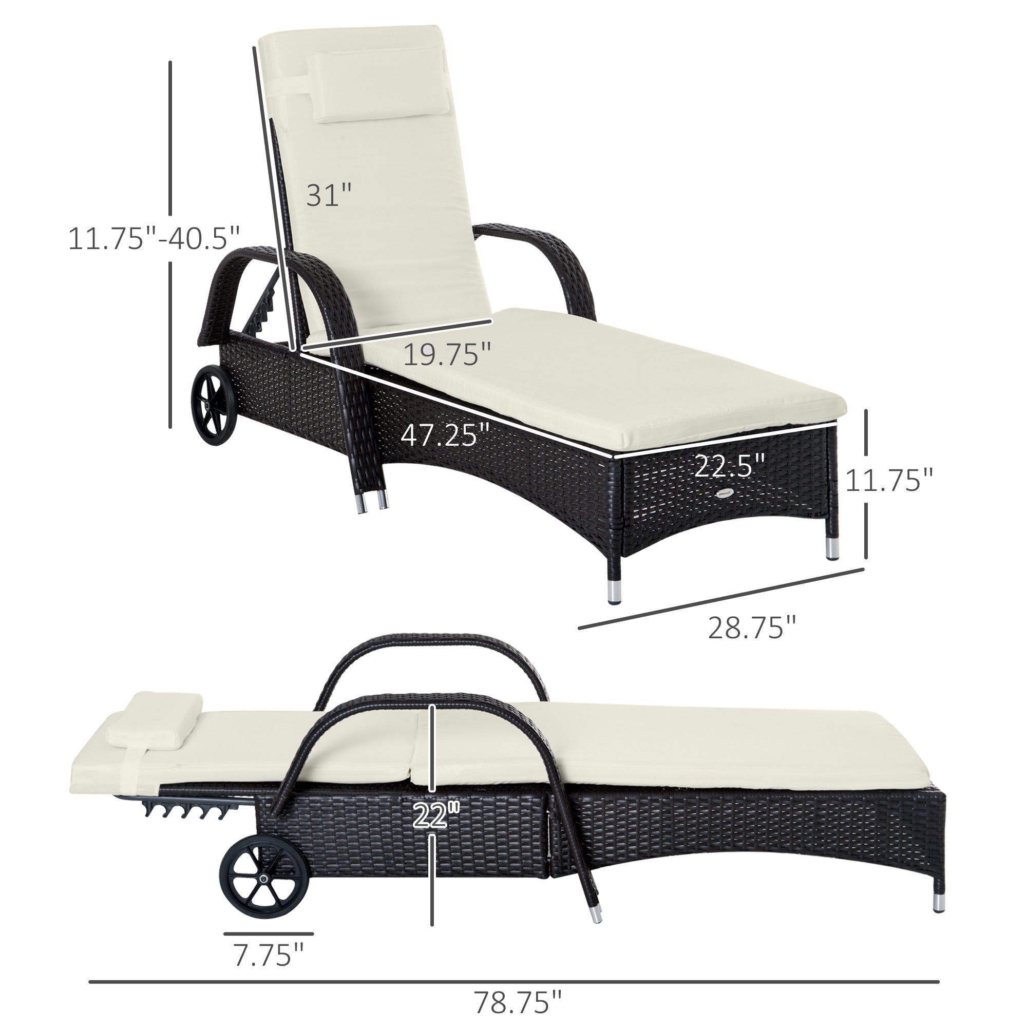 Outsunny Adjustable Rattan Wicker Sun Lounger Outdoor Recliner Chair Garden Chaise Lounge with Cushion 