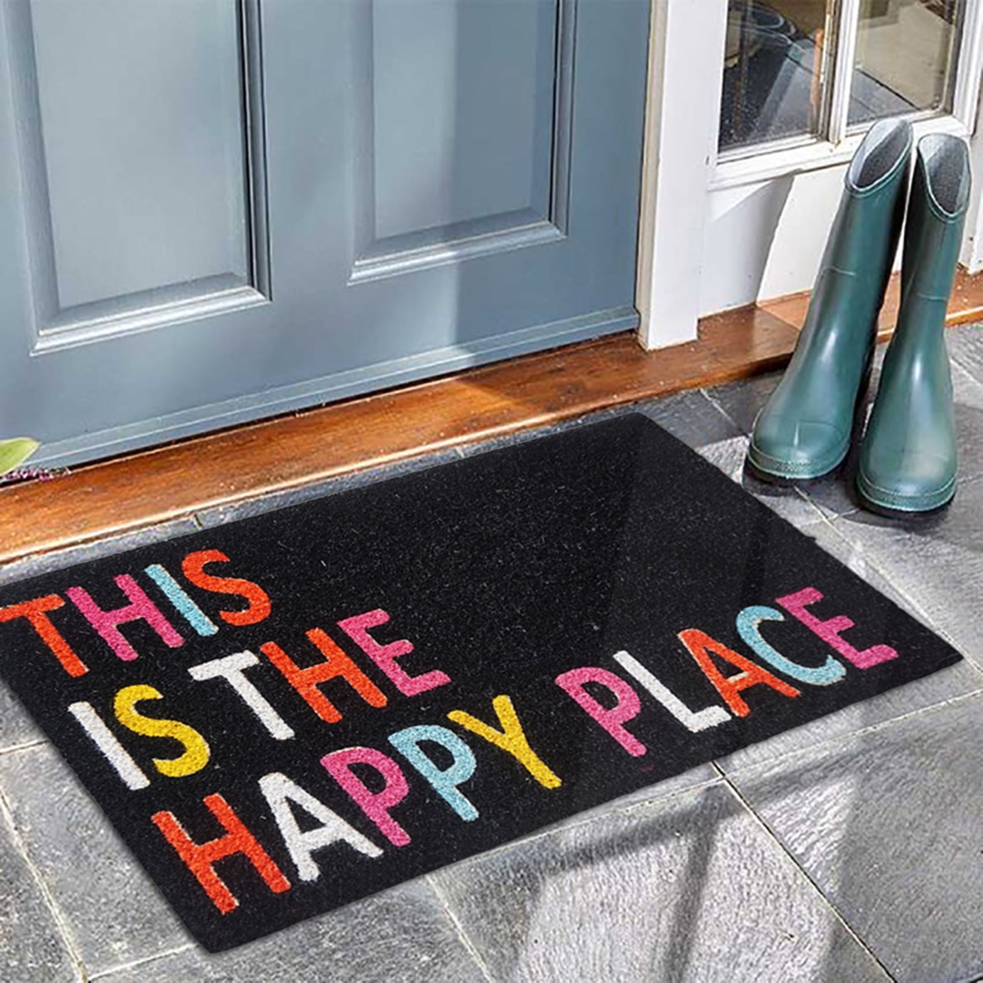 Coir Doormat "This Is The Happy Place", Black, PVC Bleached 