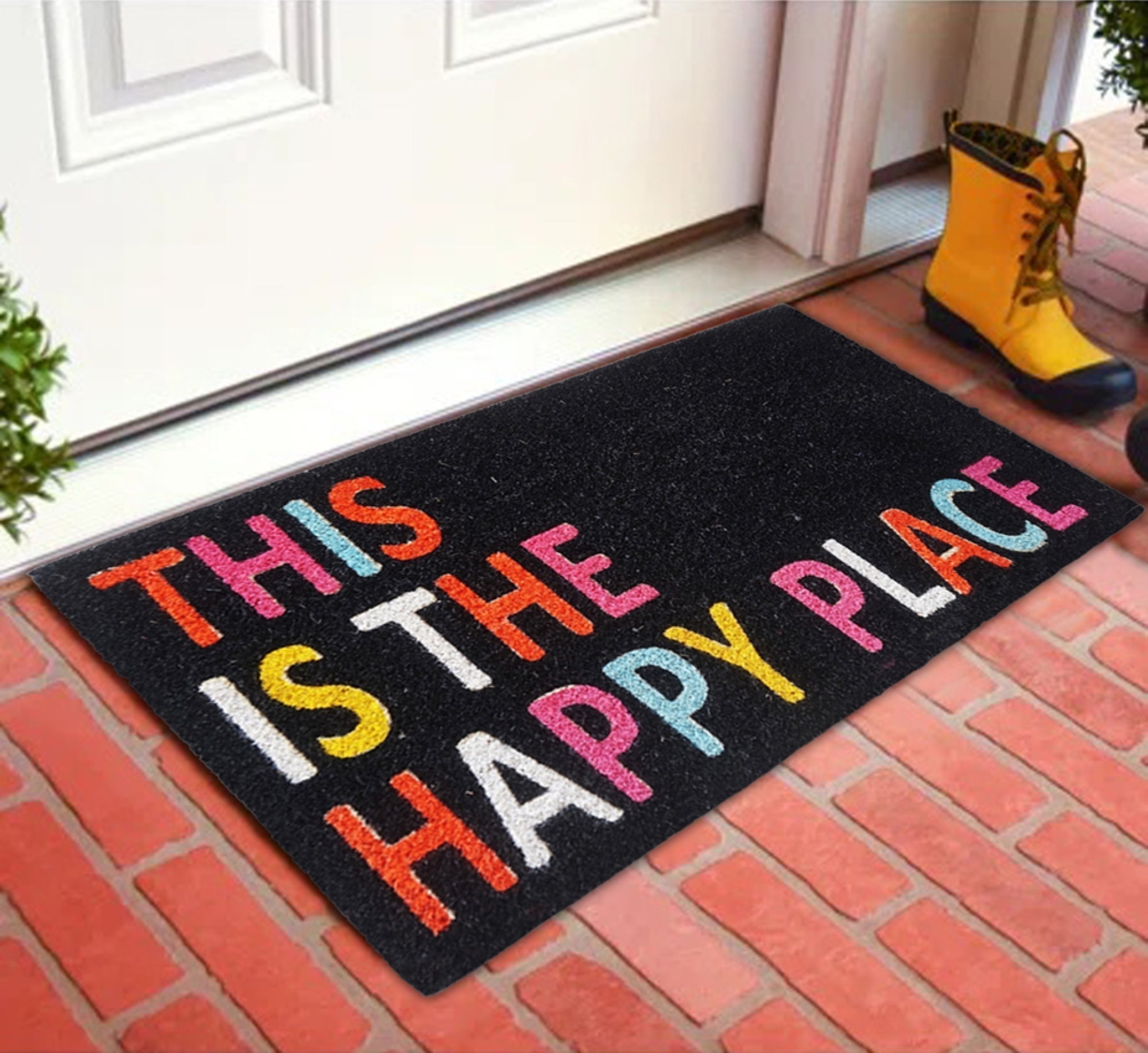 Coir Doormat "This Is The Happy Place", Black, PVC Bleached 