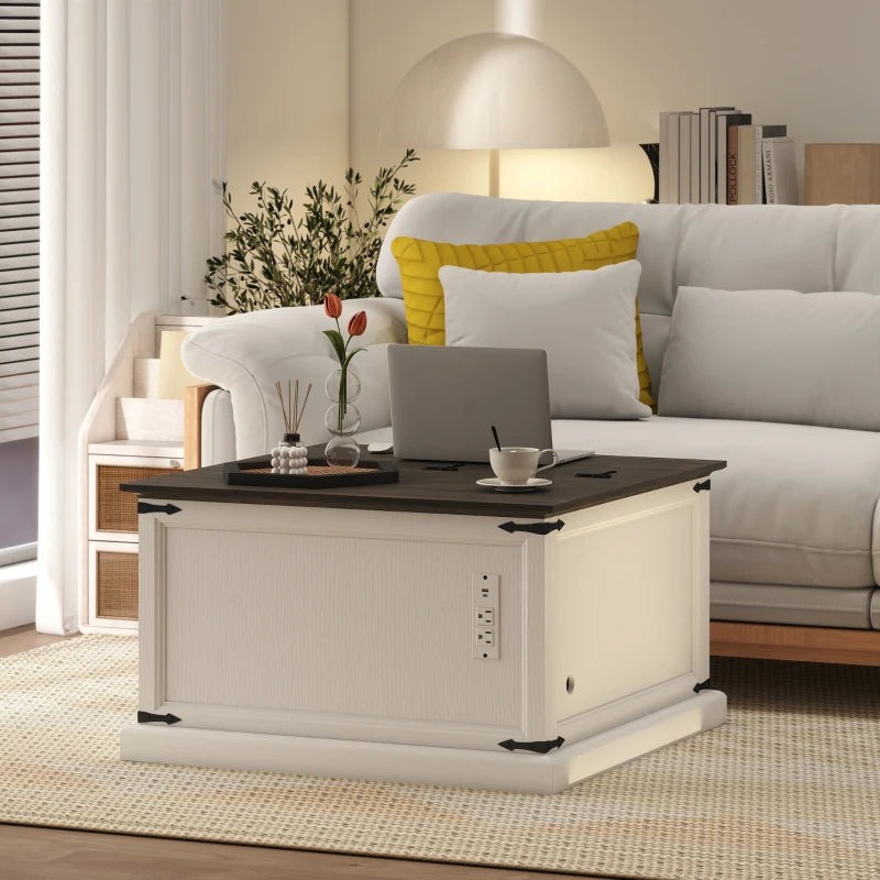 Lift Top Coffee Table with Charging Station, Square Farmhouse Center Table with Hidden Storage, White Wood Grain