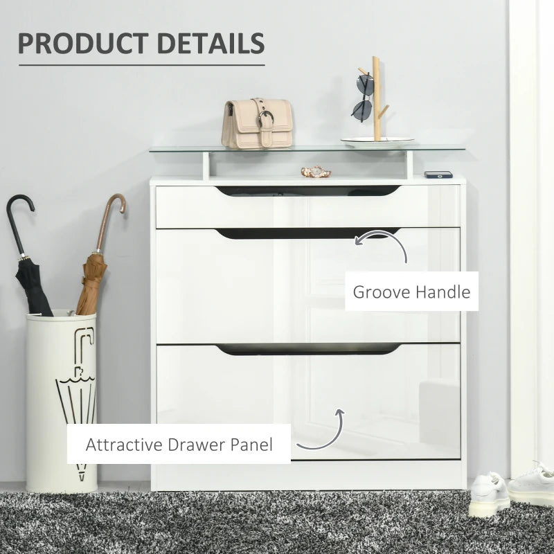 High Gloss Shoe Cabinet with 2 Flip Drawers and Adjustable Shelves, Narrow Shoe Storage Cabinet with Glass Top, White