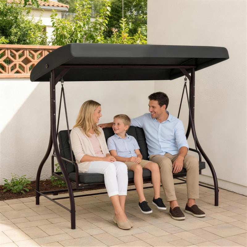 Convertible Patio Swing Bed with Canopy and Cushions, 3 Seater Porch Swing for Outdoor, Backyard, Garden, Dark Grey