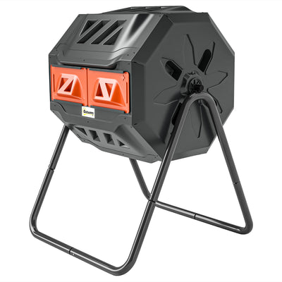 Outsunny Tumbling Compost Bin Outdoor Dual Chamber 360° Rotating Composter 43 Gallon with Sliding Doors, Orange 