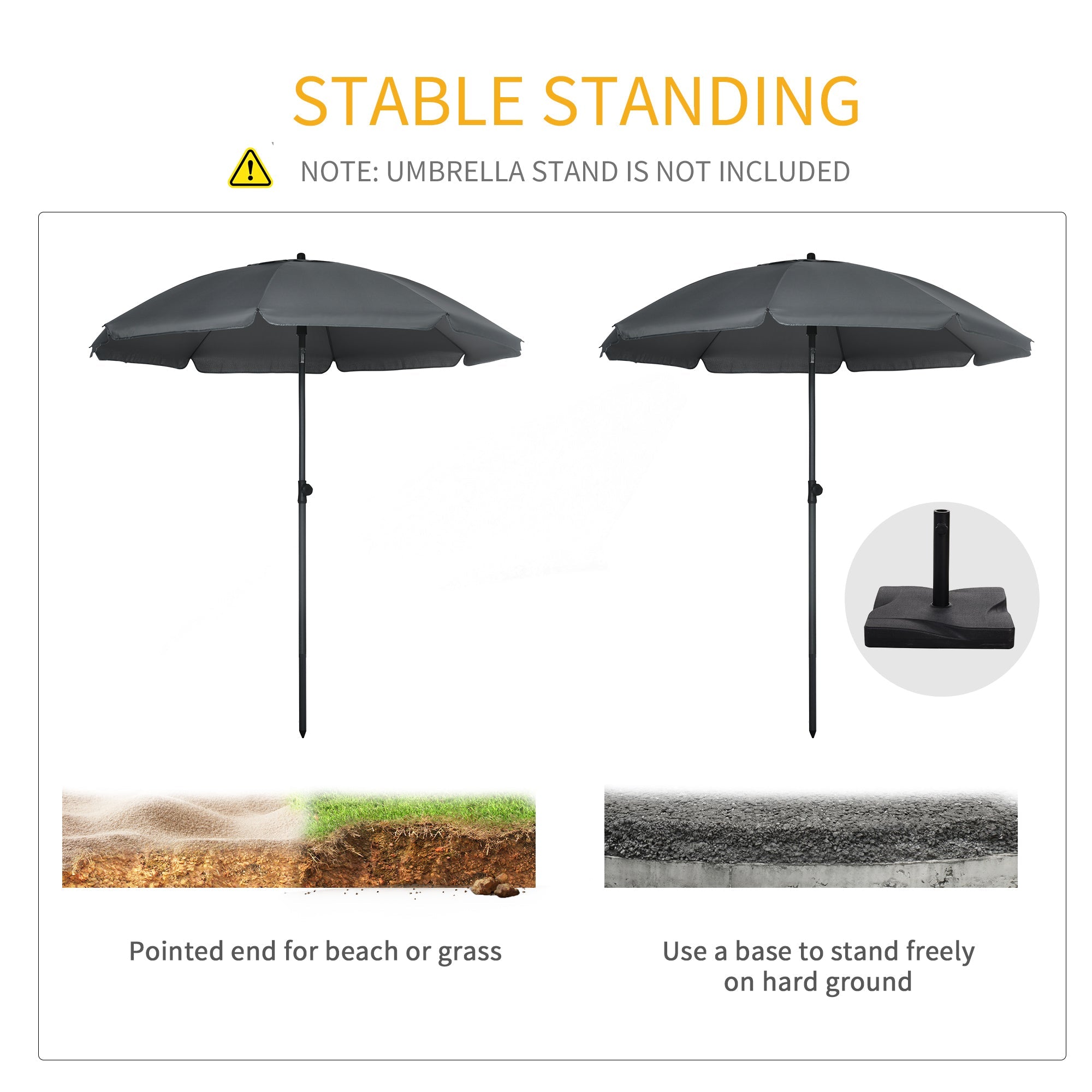 Outsunny 6FT Beach Umbrella Shade: UV50+ Vented Canopy Push Button Tilt Ruffled Dark Grey 