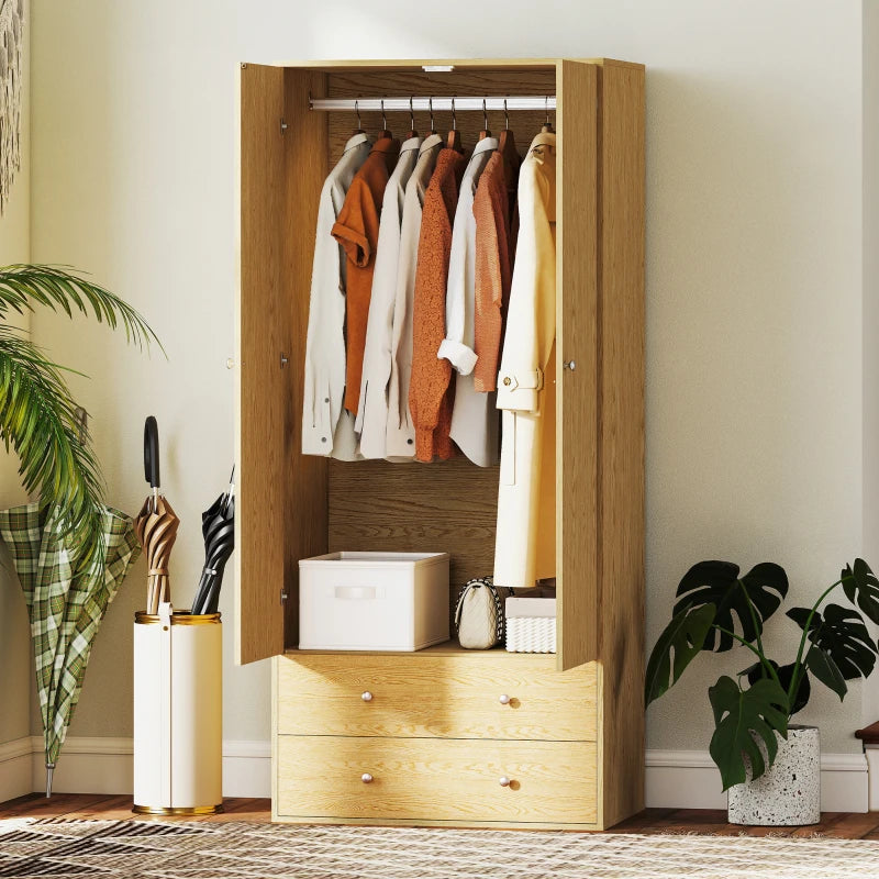Modern Wardrobe Closet Armoire with 2 Drawers and Hanging Rod, Clothes Storage Organizer for Bedroom, Natural Wood