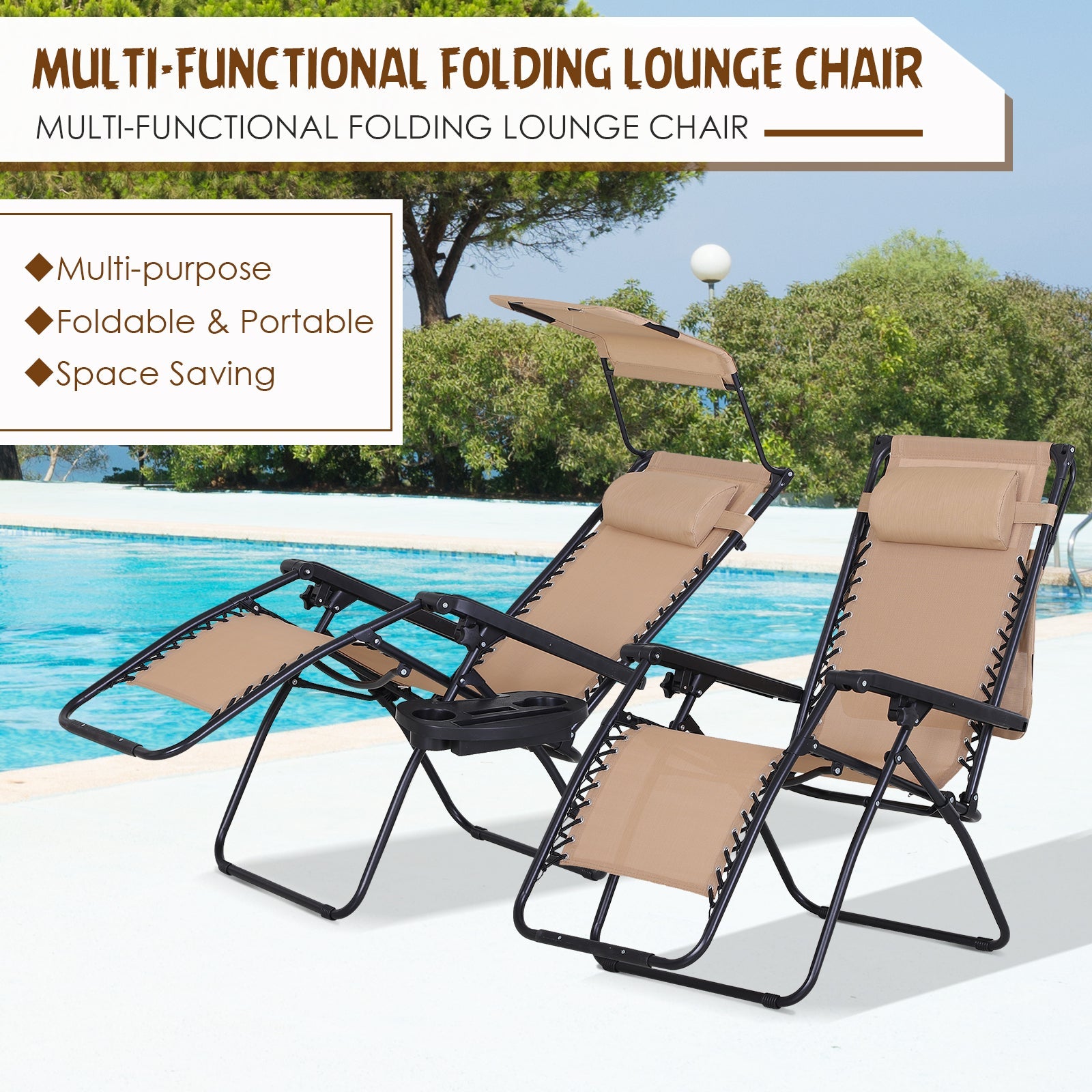 Outsunny Zero Gravity Chair 2pc Adjustable Patio Lounge Recliner with Cup Holder Canopy Shade Beige 