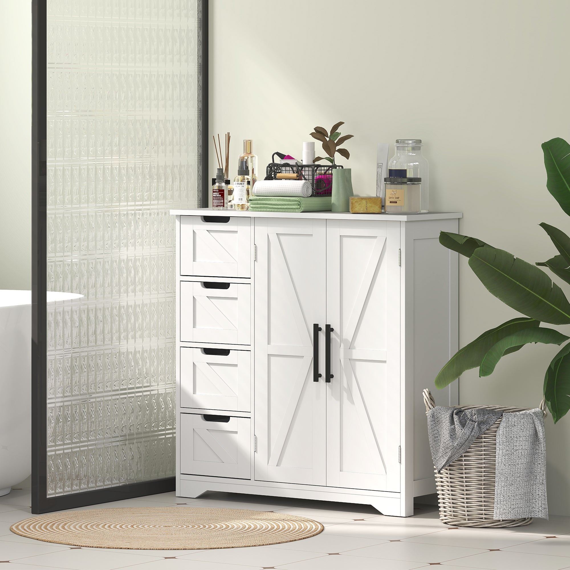 HOMCOM Bathroom Floor Cabinet, Farmhouse Bathroom Storage Cabinet with Adjustable Shelf, White 