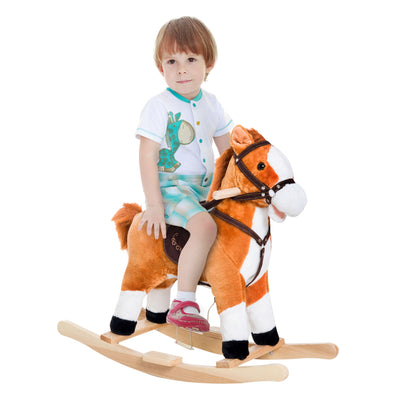 Qaba Kids Rocking Horse Poney Child Plush Ride on Toy w/ Realistic Sound Red Brown 
