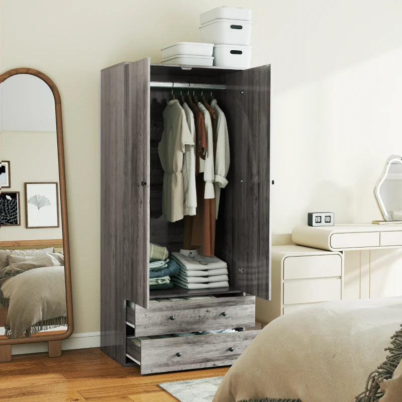 Modern Wardrobe Closet Armoire with 2 Drawers and Hanging Rod, Clothes Storage Organizer for Bedroom, Grey