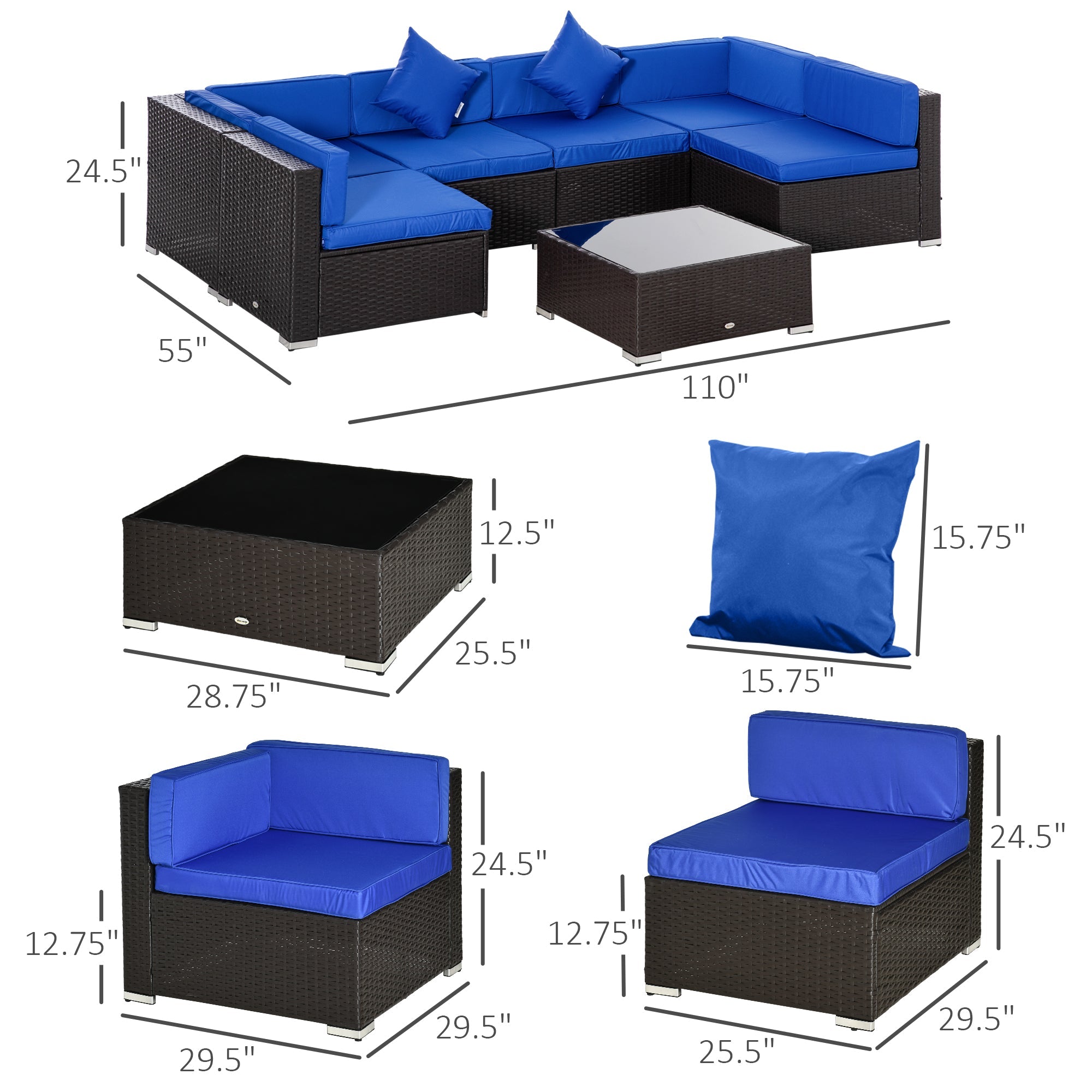 Outsunny 7-Piece Outdoor Sofa Set, Patio Wicker Sectional Sofa with Tempered Glass Coffee Table & Cushions 