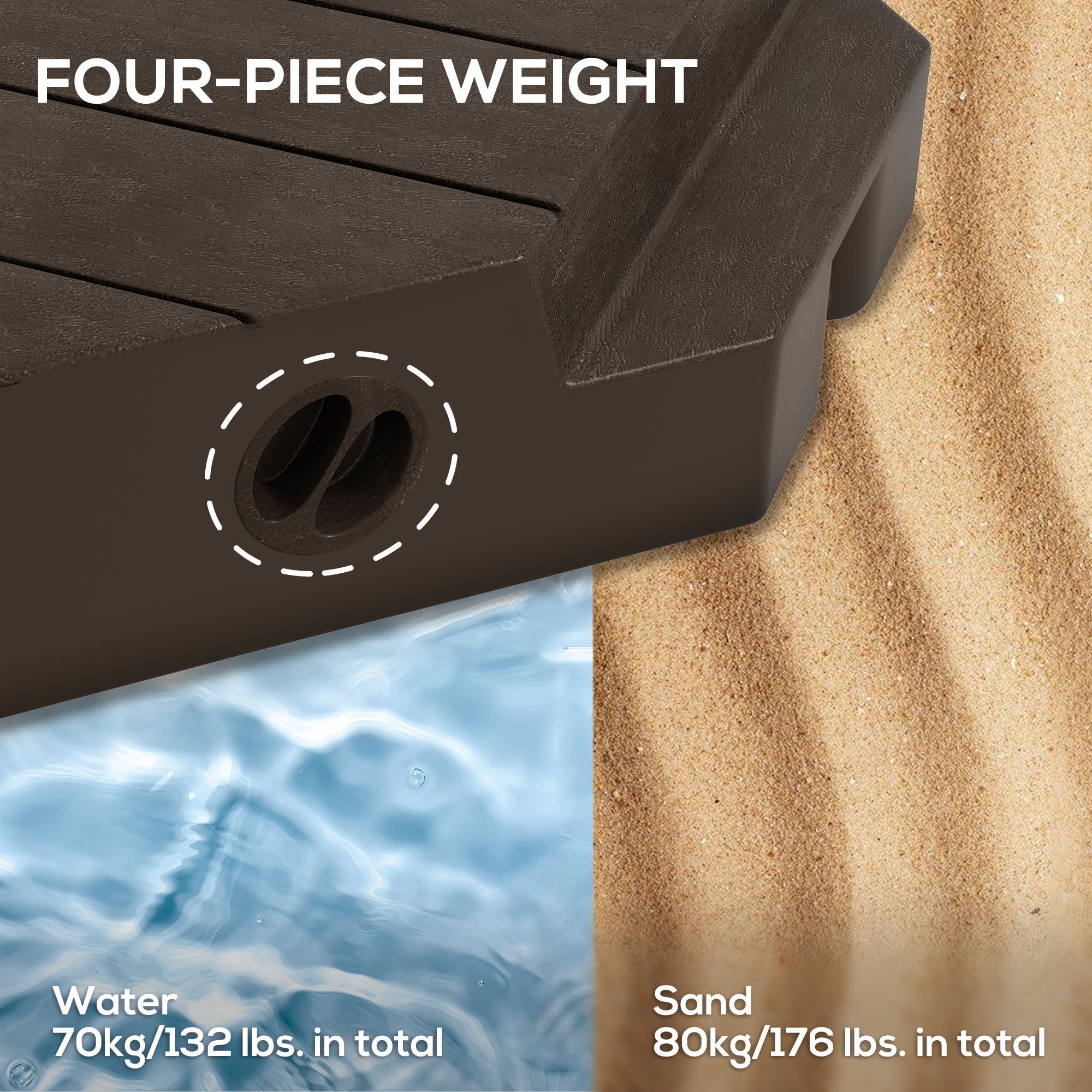 Outsunny Offset Umbrella Base Outdoor Umbrella Weights, 132 lb. Capacity Water or 176 lb. Capacity Sand, Brown 