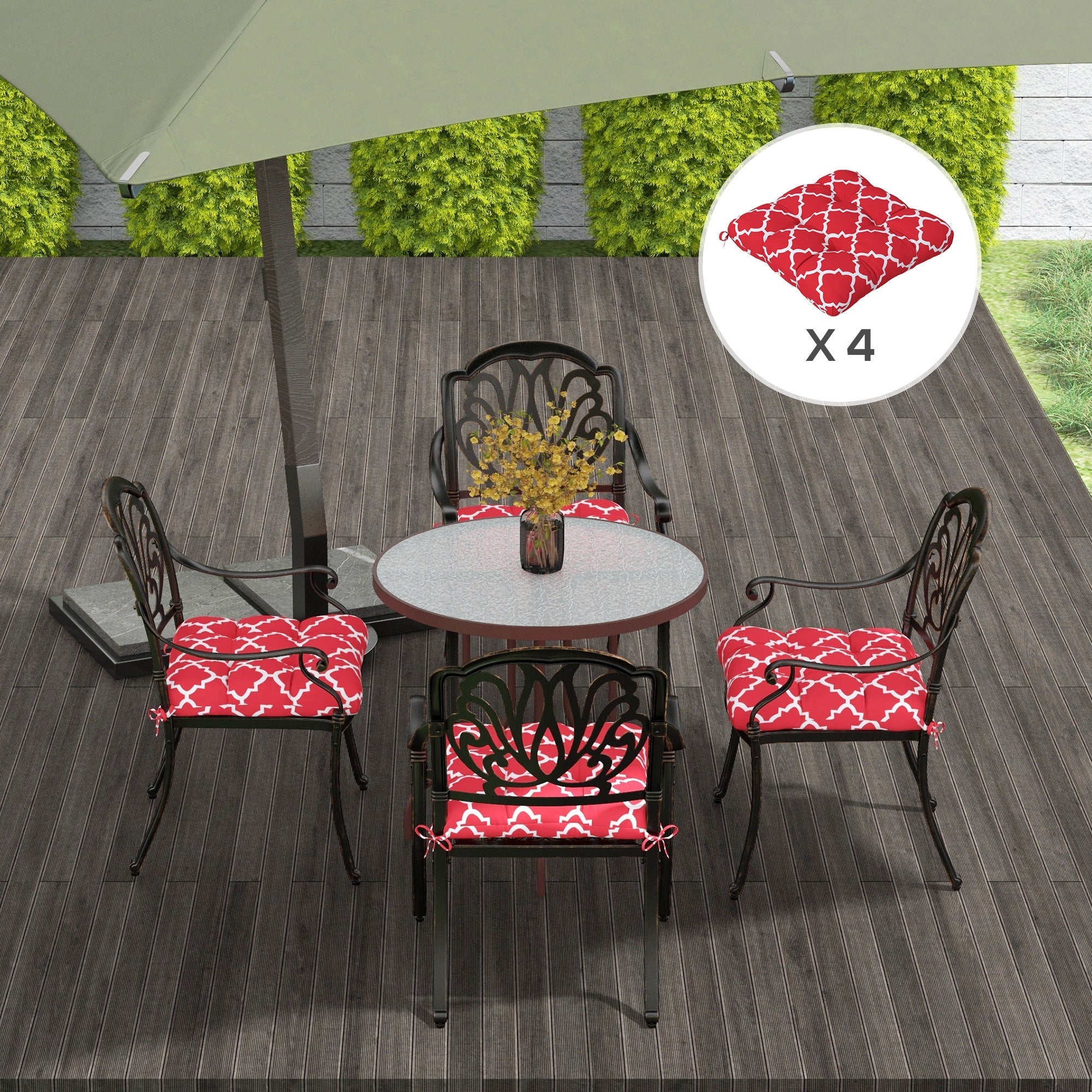 Outsunny 4-Piece Red & White Outdoor Chair Cushions with Ties, Durable & Soft Patio Chair Pillow Replacement Set 