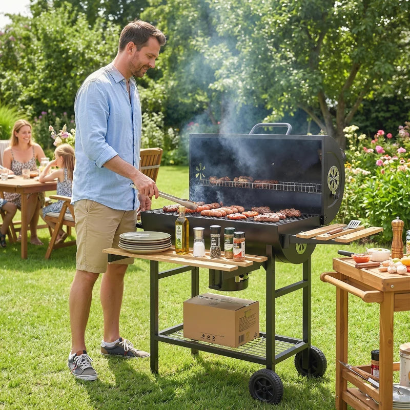Charcoal BBQ Grill with Foldable Shelves, Barbecue Grill with Warming Rack, Thermometer, Wheels, Natural Wood and Black