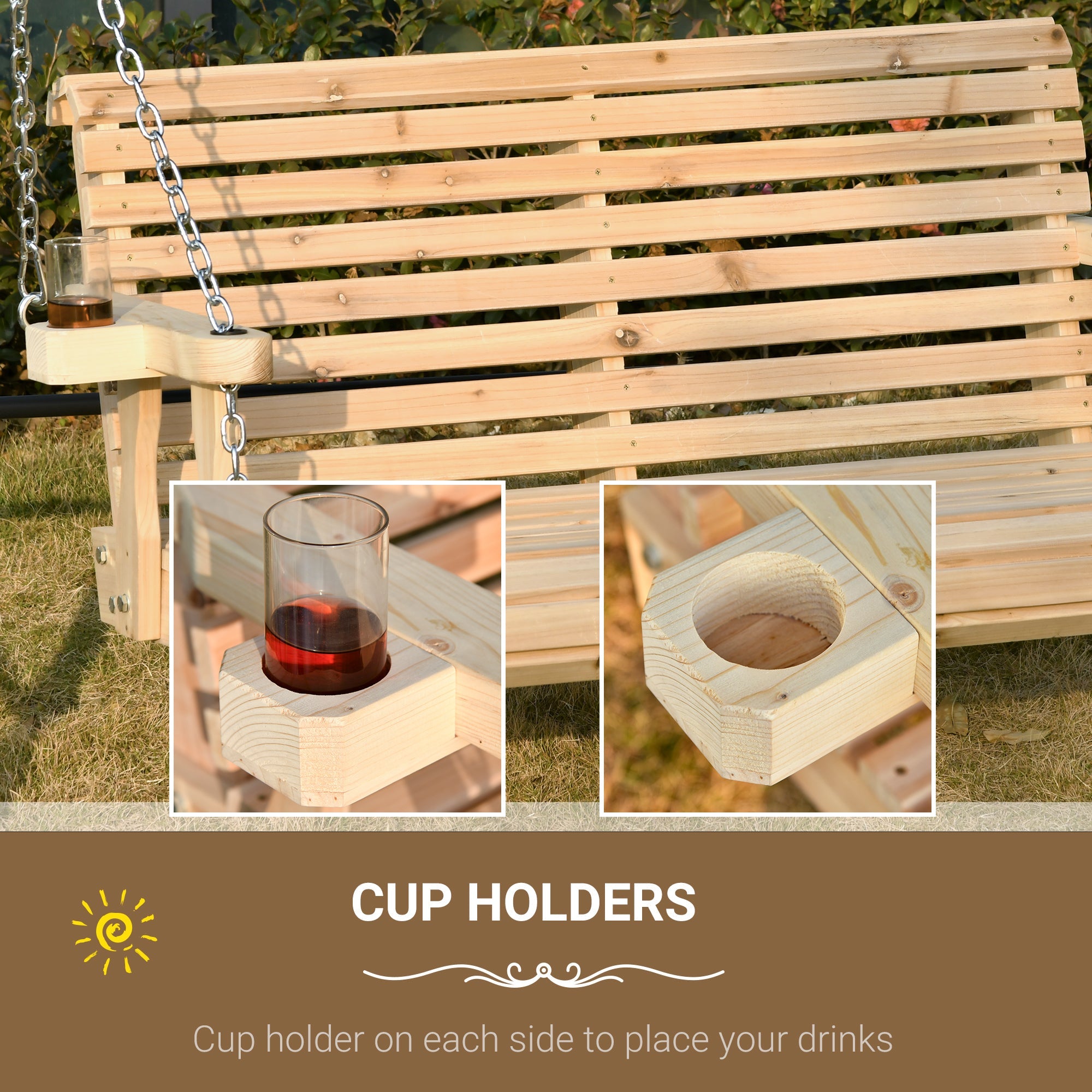 Outsunny 2 Seater Wooden Porch Swing Patio Swing Seat with Cup Holder and Chains Outdoor Swing Bench for Garden Yard, Natural 