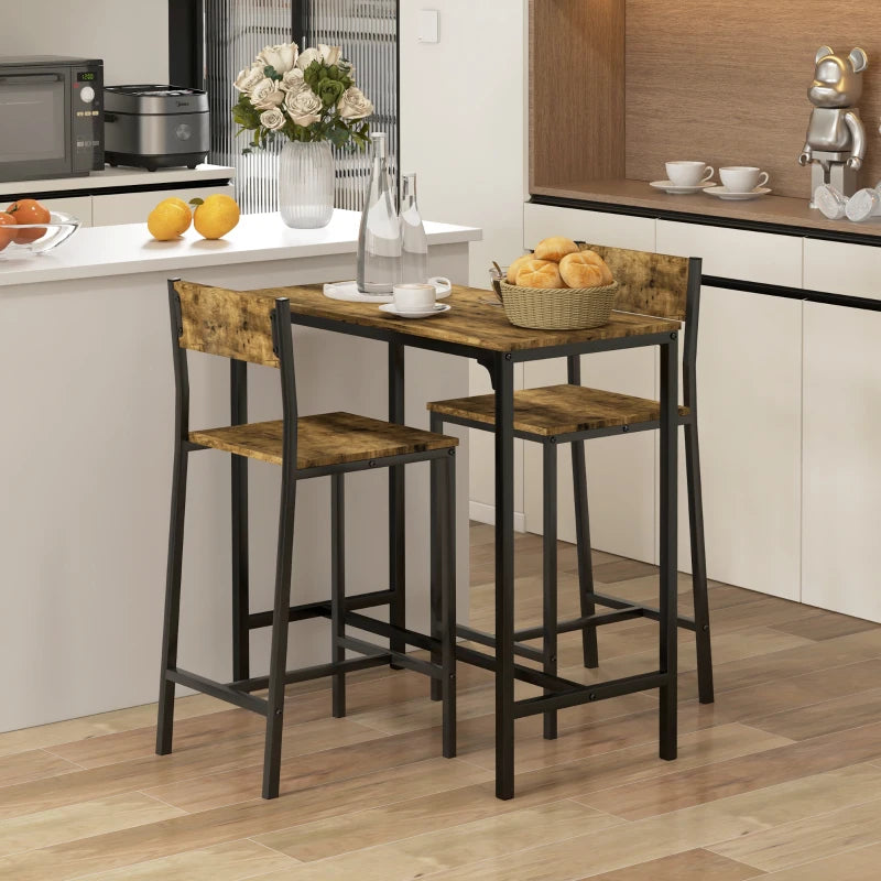 Industrial Bar Table Set Counter Height 3 Piece and 2 High Back Stools Set Dining Table Set Rustic Brown
