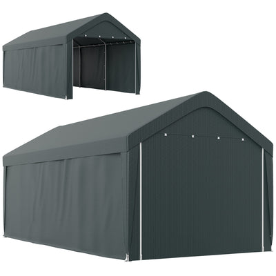 Outsunny Carport, 10 x 20 ft Portable Garage with 2 Roll-Up Doors and Removable Sidewalls for Car, Truck, Boat, Dark Grey 