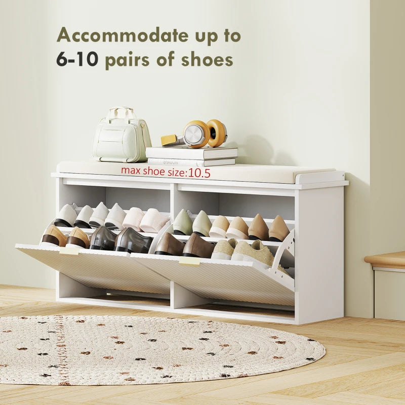 Entryway Bench with Padded Seat and Flip-Drawers, Holds up to 529lbs, Shoe Storage Bench for 10 Pairs of Shoes, White
