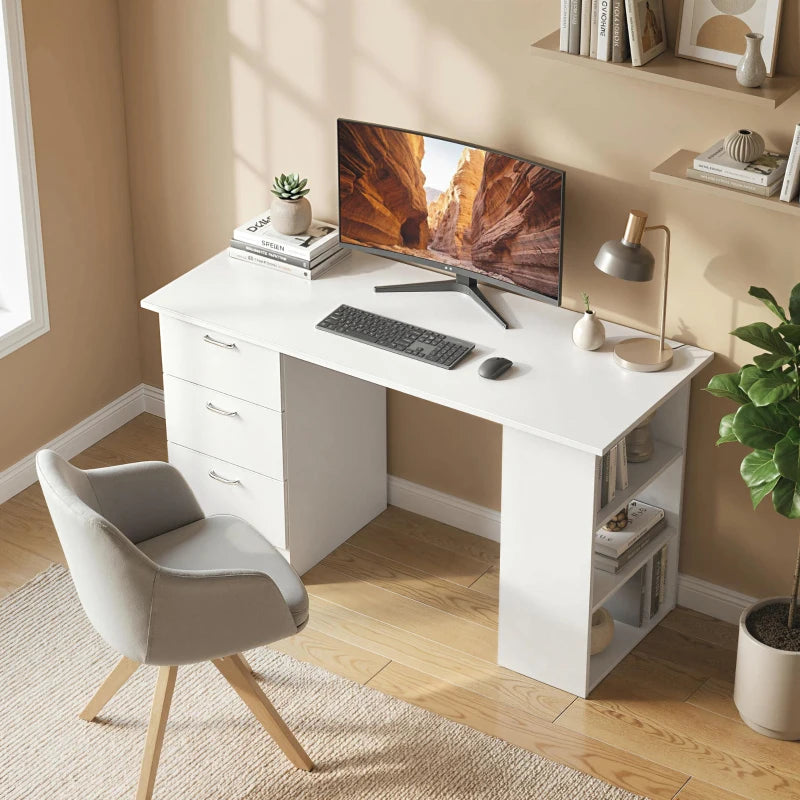 Computer Desk, 47" Writing Table with 3-Tier Shelves and 3 Reversible Drawers for Home Office, Bedroom, White