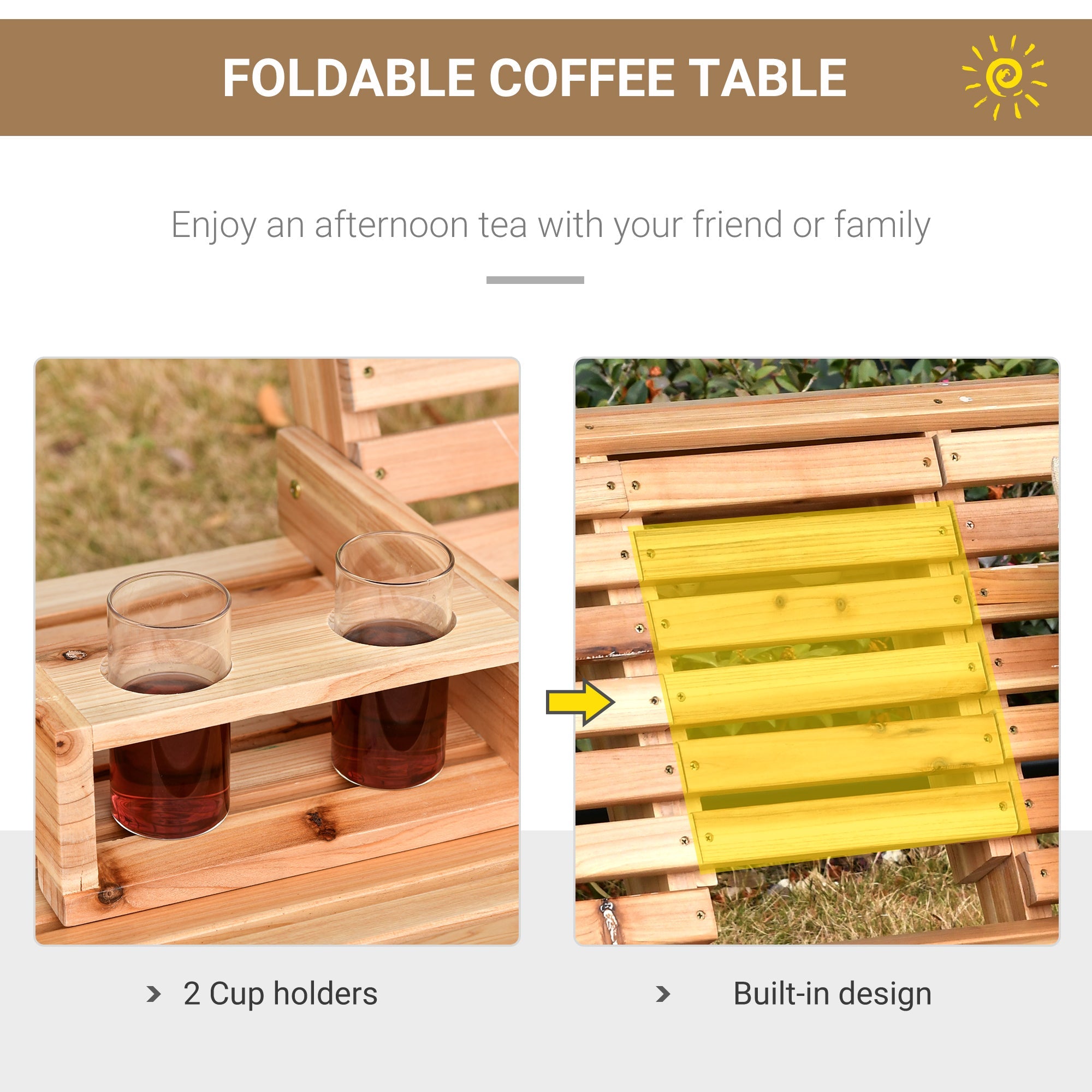 Outsunny 3-Seater Patio Swing Chair with Foldable Table & Cup Holders, Durable Wood Porch Swing, Steel Chains, Natural Finish 