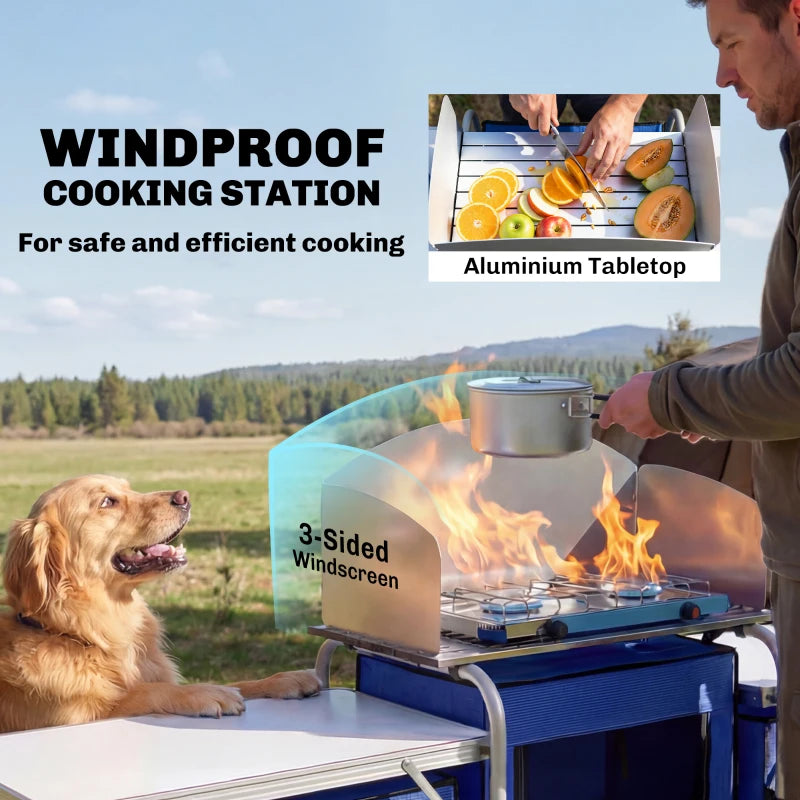 Aluminum Camping Kitchen, Portable Folding Camping Table with Fabric Cupboards, Windshield, Bag for BBQ, Picnic, Blue