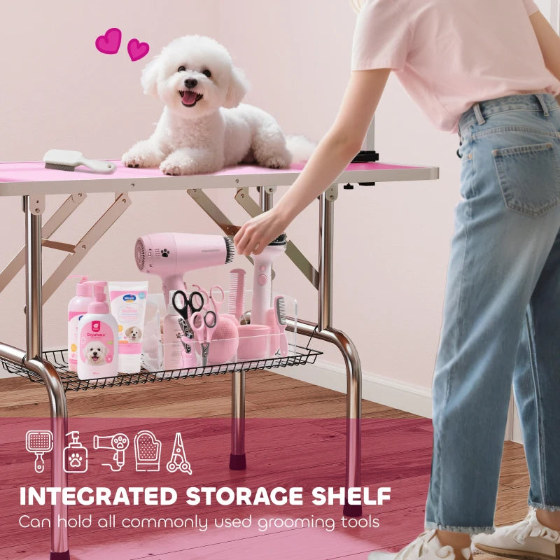 Adjustable Dog Grooming Table with 2 Safety Slings, Storage Basket, Pink