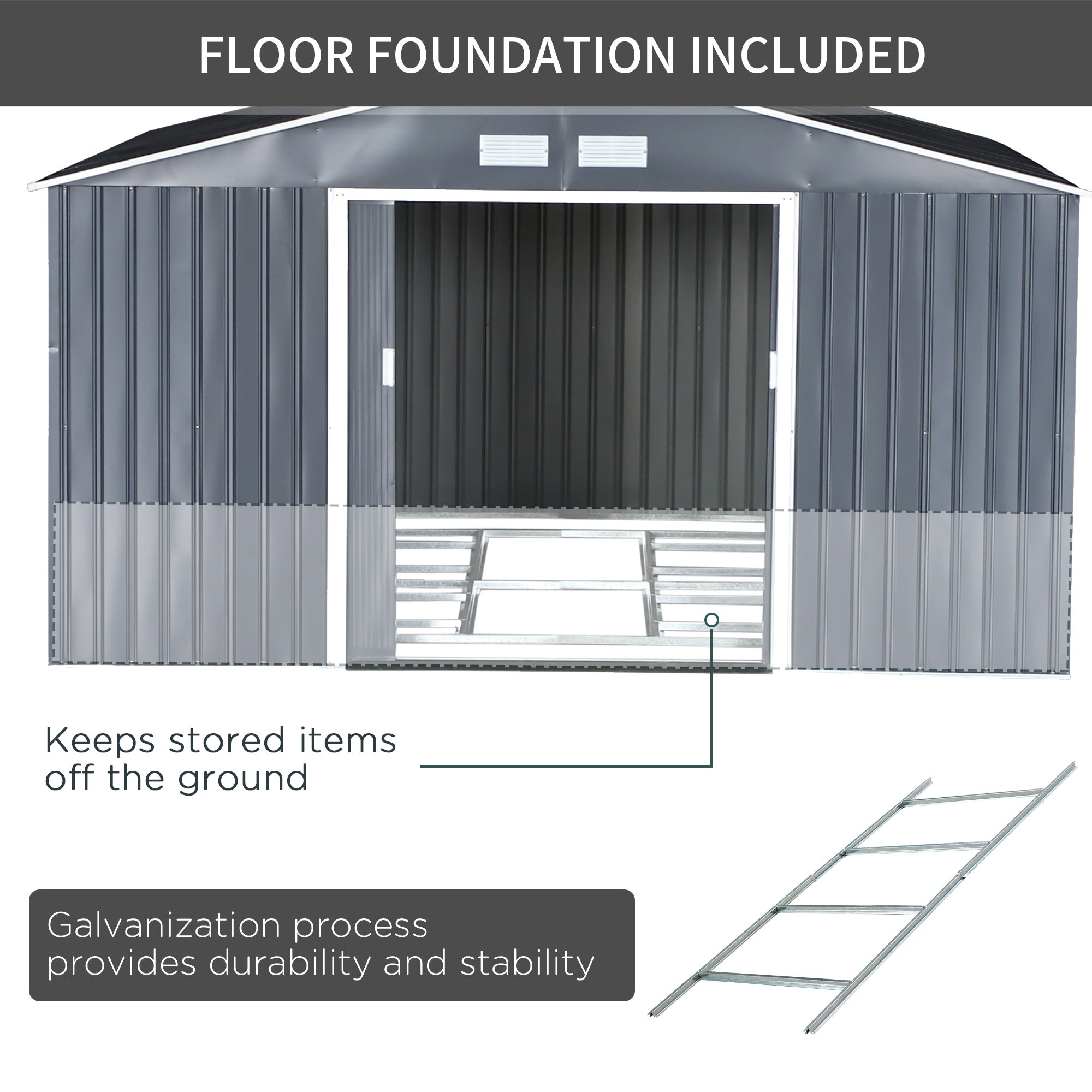Outsunny Spacious Garden Shed 11.2ft x 12.5ft with 4 Vent Slots, Double Doors, Durable Storage - Grey 
