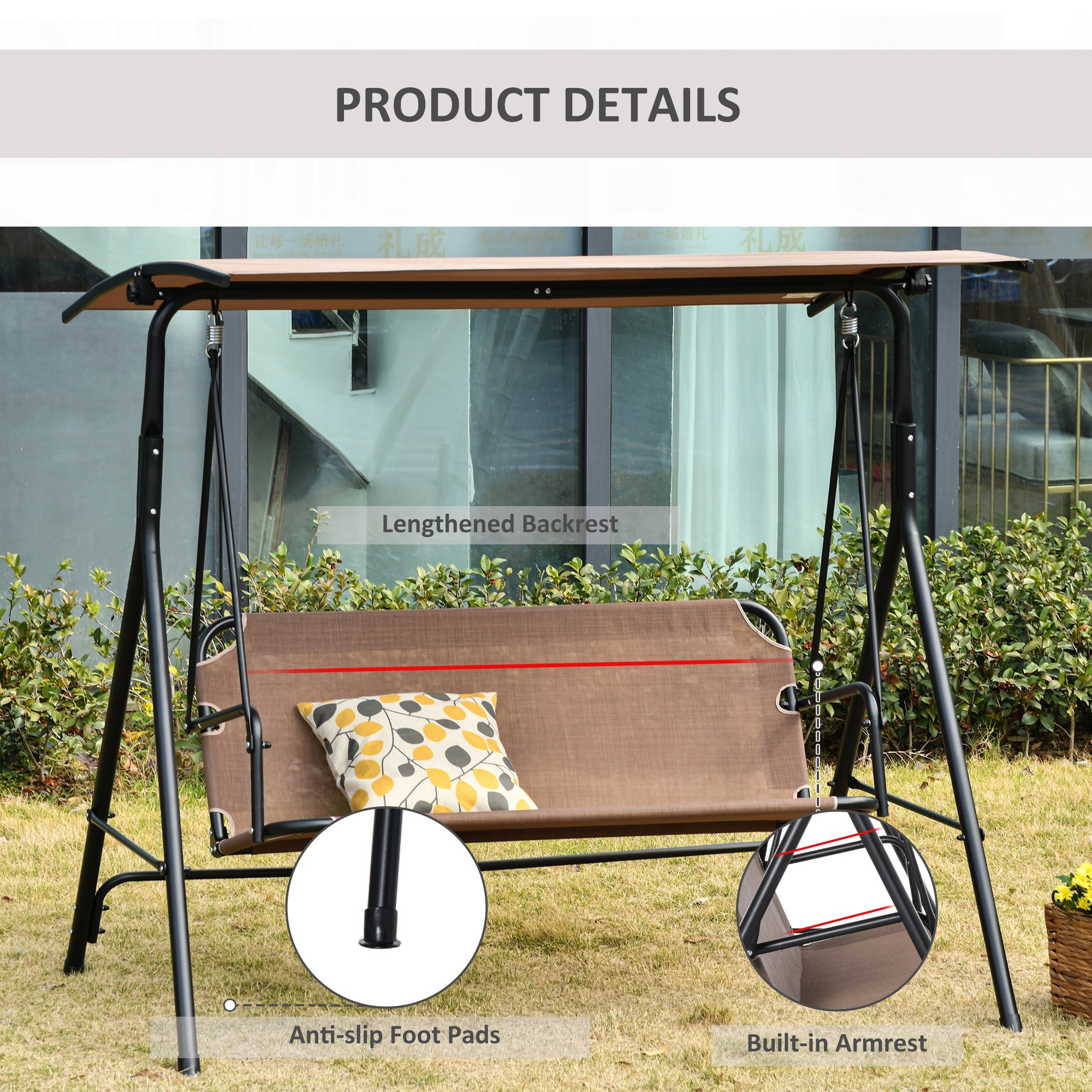 Outsunny 2 Person Porch Swing Chair Patio Bench Adjustable Canopy Breathable Seat Garden Poolside Brown 