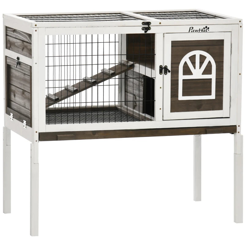 Rabbit Hutch Dual-Height Design Bunny House with Run Slide-Out Tray White and Coffee