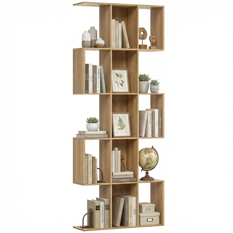 5-Tier Bookshelf, S Shaped Geometric Bookcase with 15 Compartments, Oak