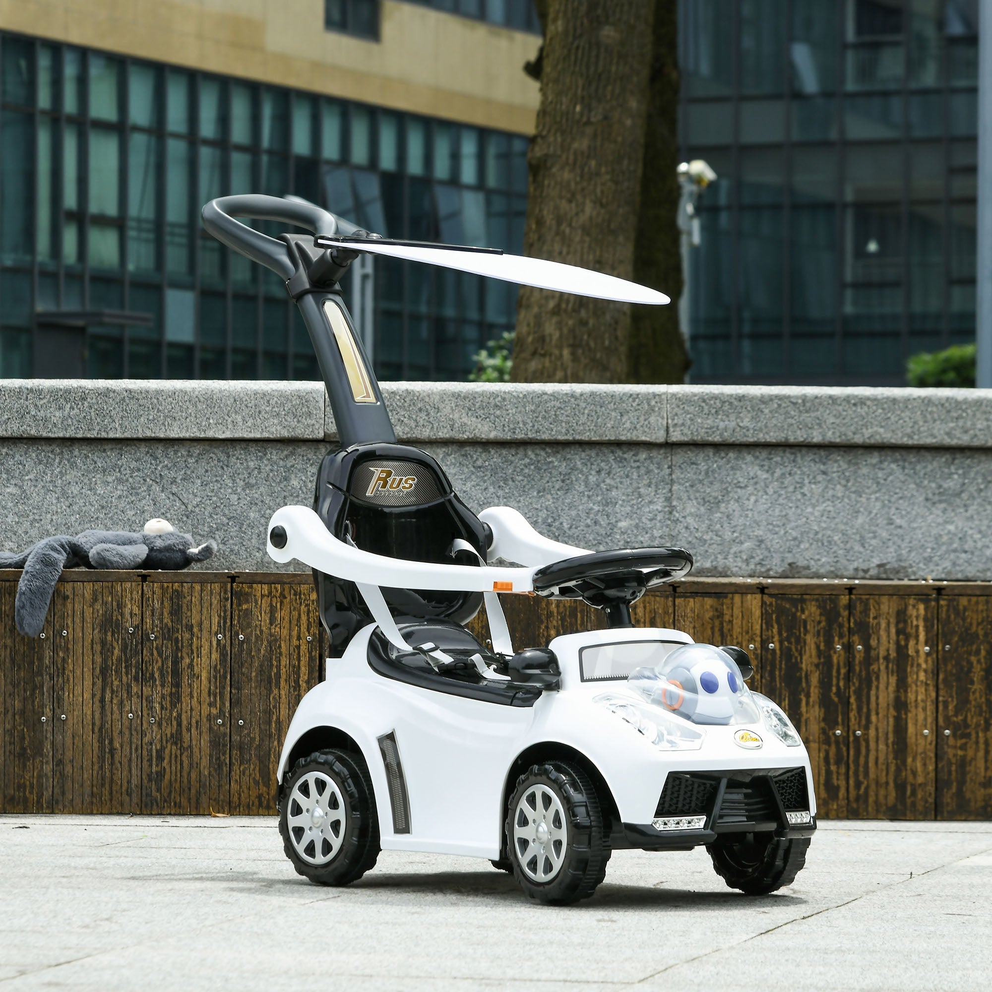 Qaba 3 in 1 Kids Push Car Toddler Sliding Car, Foot to Floor Design with Music, Light, Handle, Removable Canopy, White 