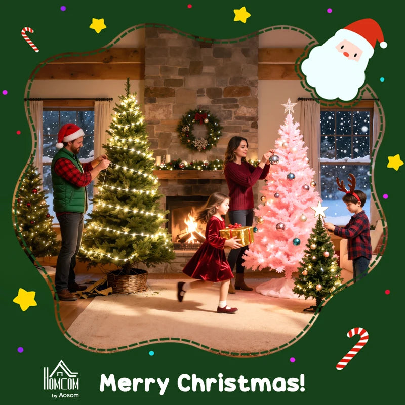 HOMCOM 7.5' Pre Lit Artificial Flocked Christmas Trees, with Snow Branches, Warm Yellow Clear Lights, Auto Open, Extra Bulb