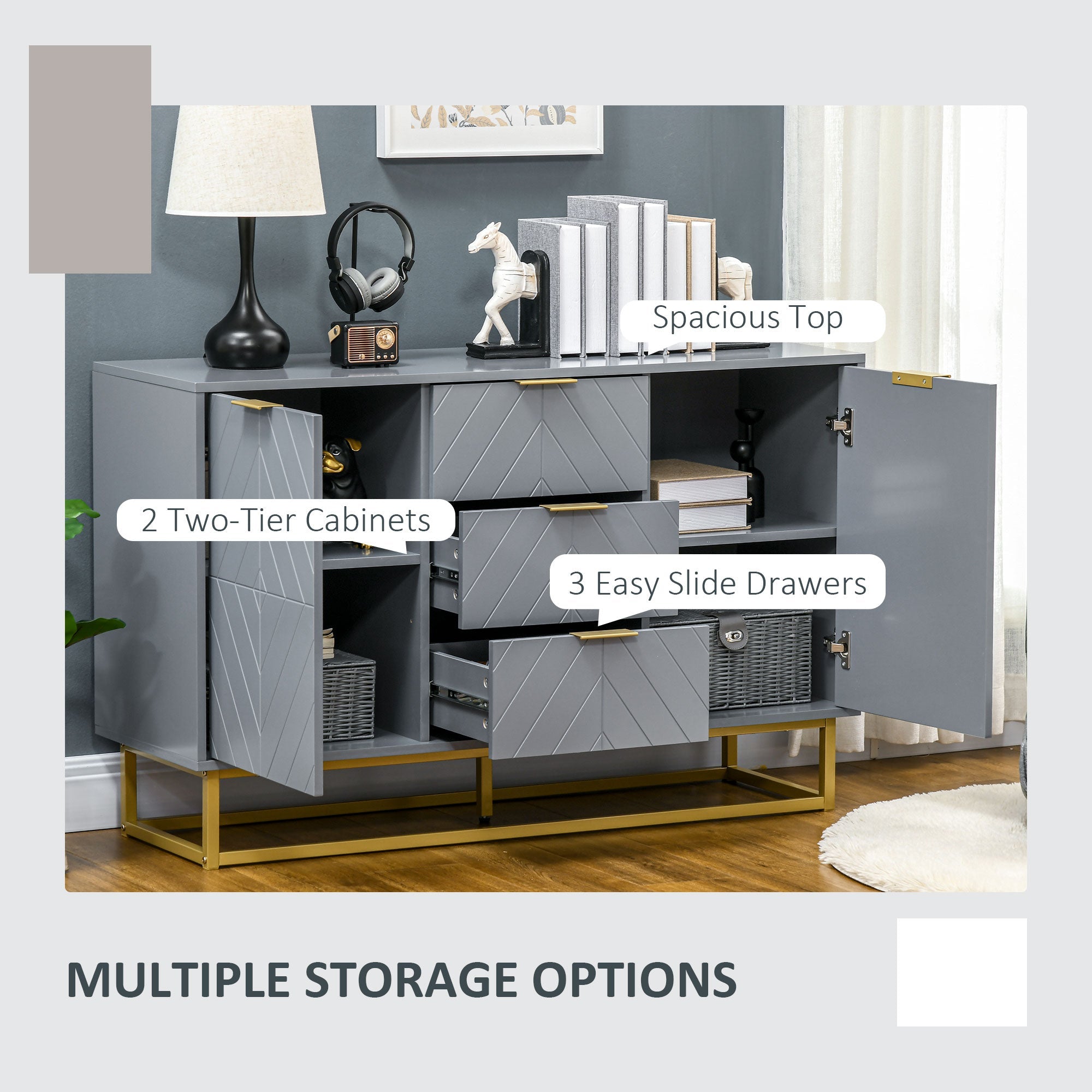 HOMCOM Contemporary 3-Drawer Storage Cabinet Sideboard Metal Handles Freestanding Dresser Dining Room Grey 