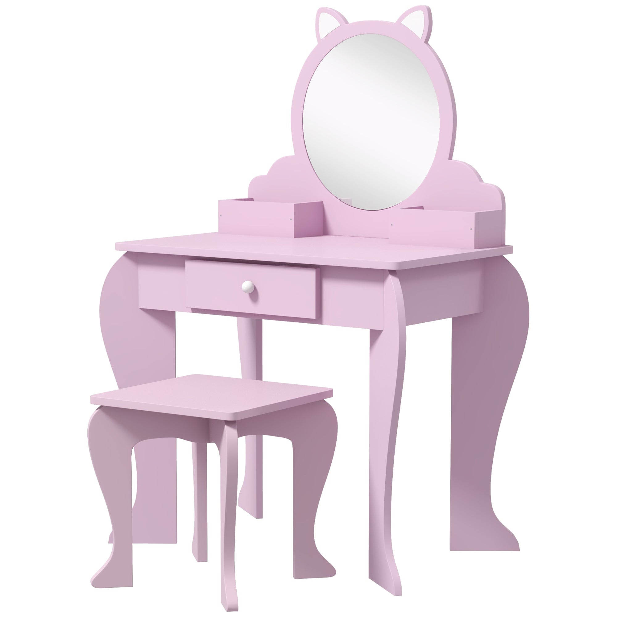 Qaba Makeup Vanity with Mirror and Stool Cat Design Drawer Storage Boxes for 3-6 Years Old Pink 