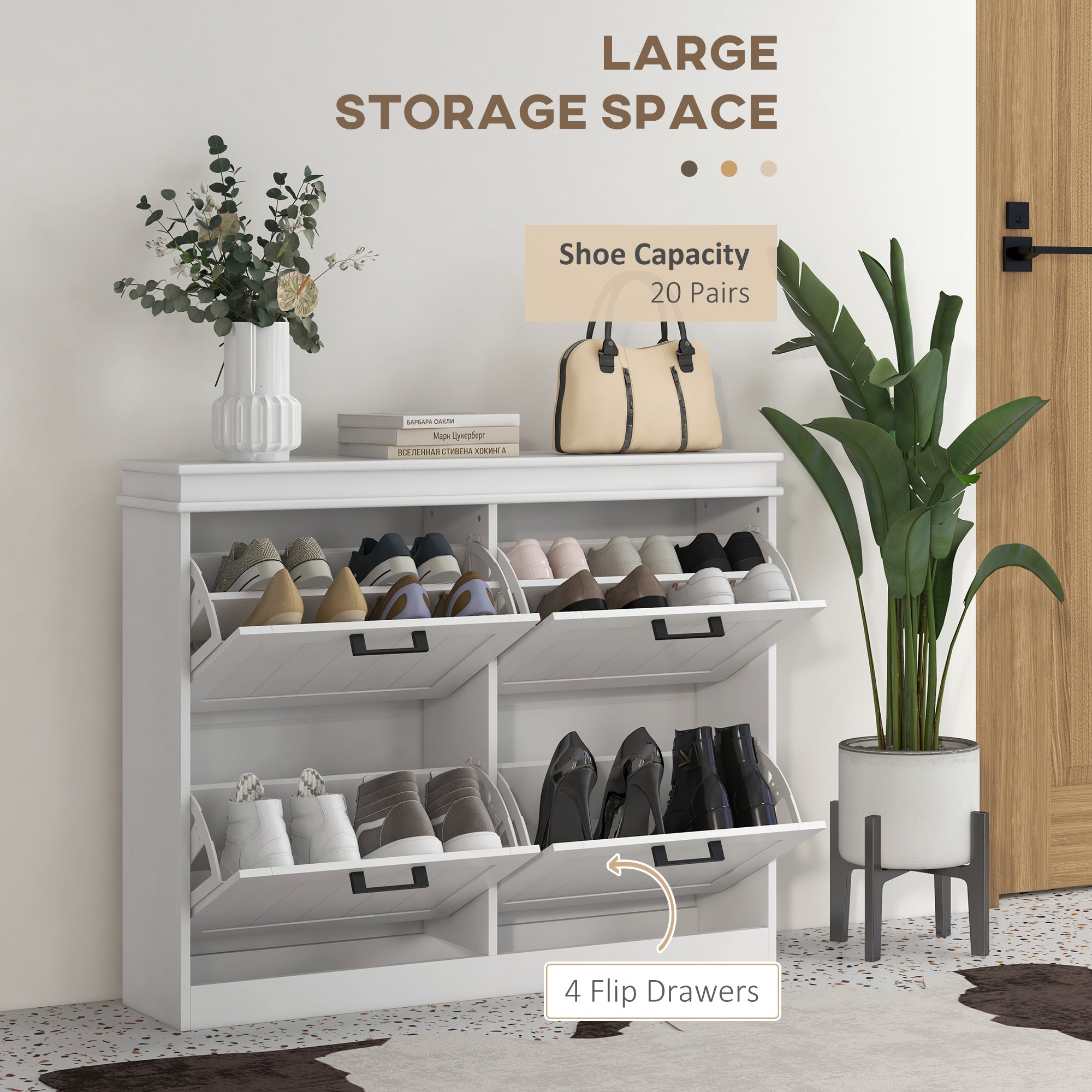 HOMCOM Space-Saving Shoe Storage Cabinet 4 Flip Drawers Adjustable Shelves for 20 Pairs Shoes White 