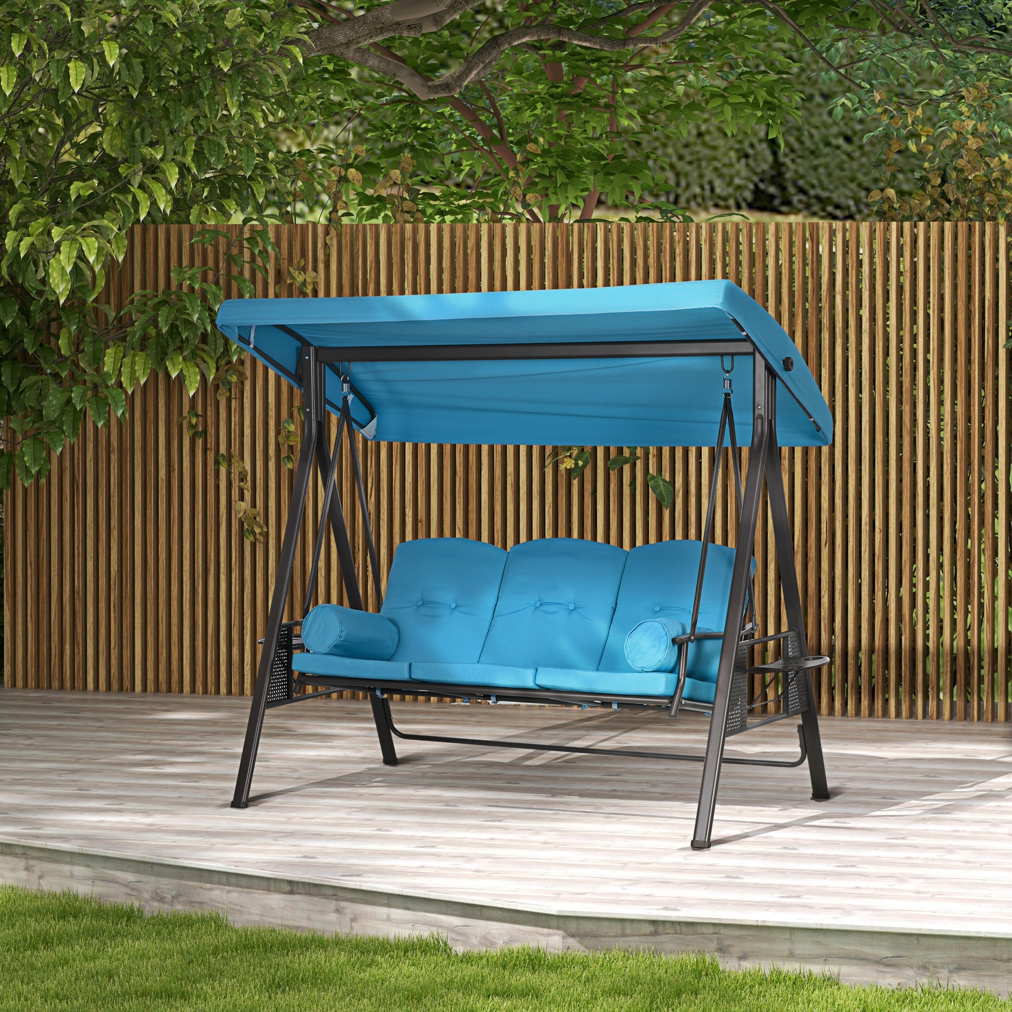 Outsunny Outdoor Patio 3-Person Steel Canopy Cushioned Seat Bench Swing with Included Side Trays & Padded Comfort, Light Blue 