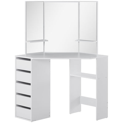 HOMCOM Small Dressing Table Corner Vanity Desk with Drawers and Mirror, White 