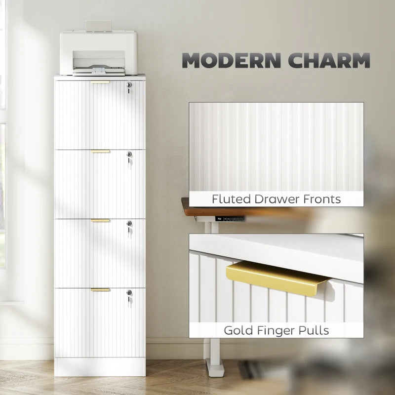Lockable Filing Cabinet with 4 Fluted Drawers, File Cabinet with Adjustable Hanging Rails for A4 Letter Files, White