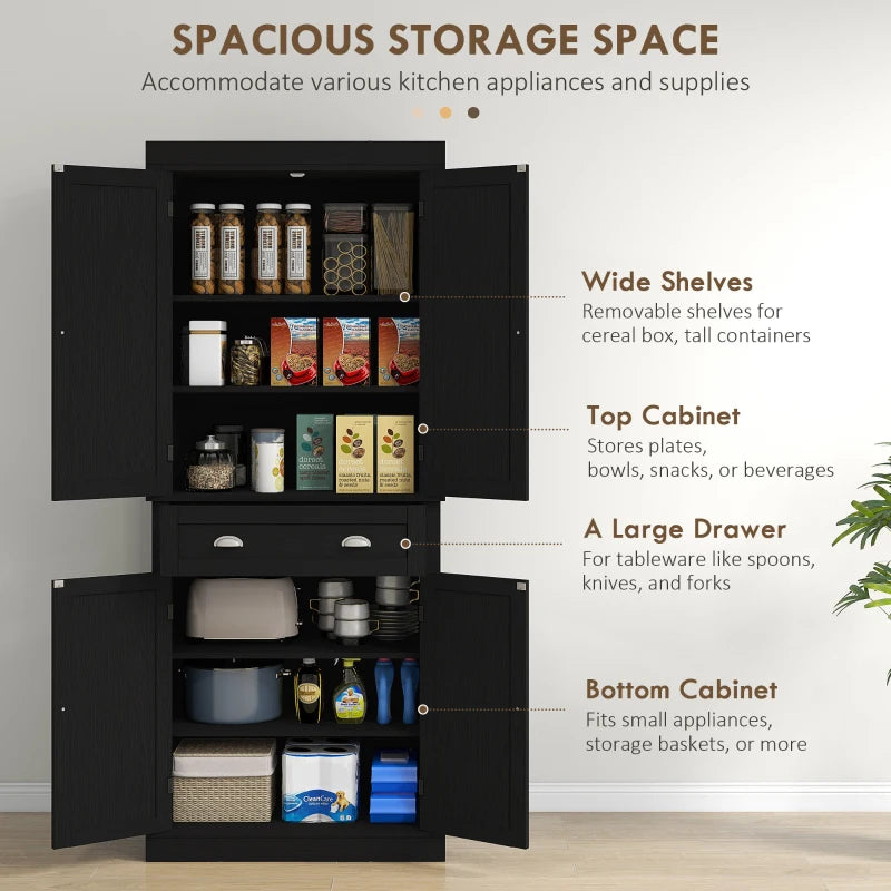 72" Tall Pantry Cabinet, Kitchen Storage Cabinet with 4 Doors, Drawer and 2 Adjustable Shelves, Black Wood Grain