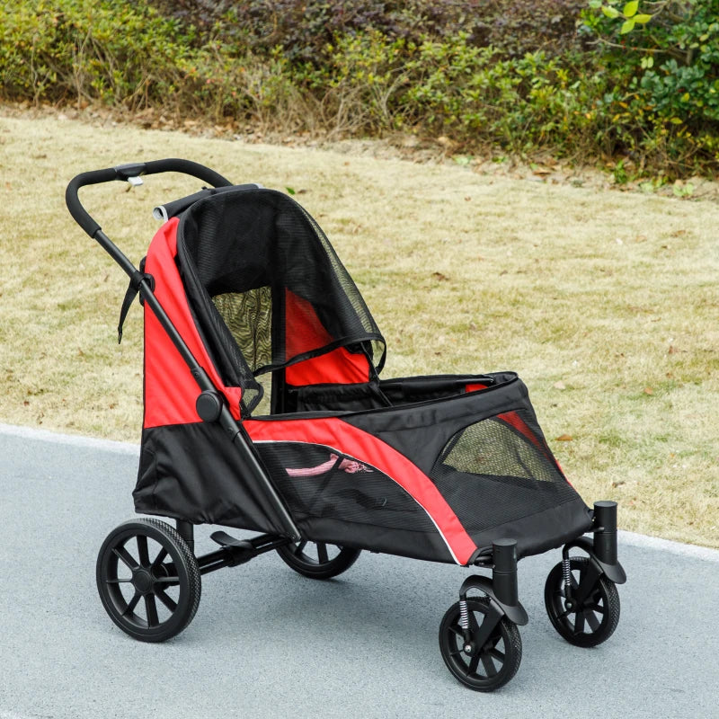 Foldable Pet Stroller for Large Dogs with Four Big Wheels, Shock-Absorbing Frame, Safety Leashes, Brakes, Black