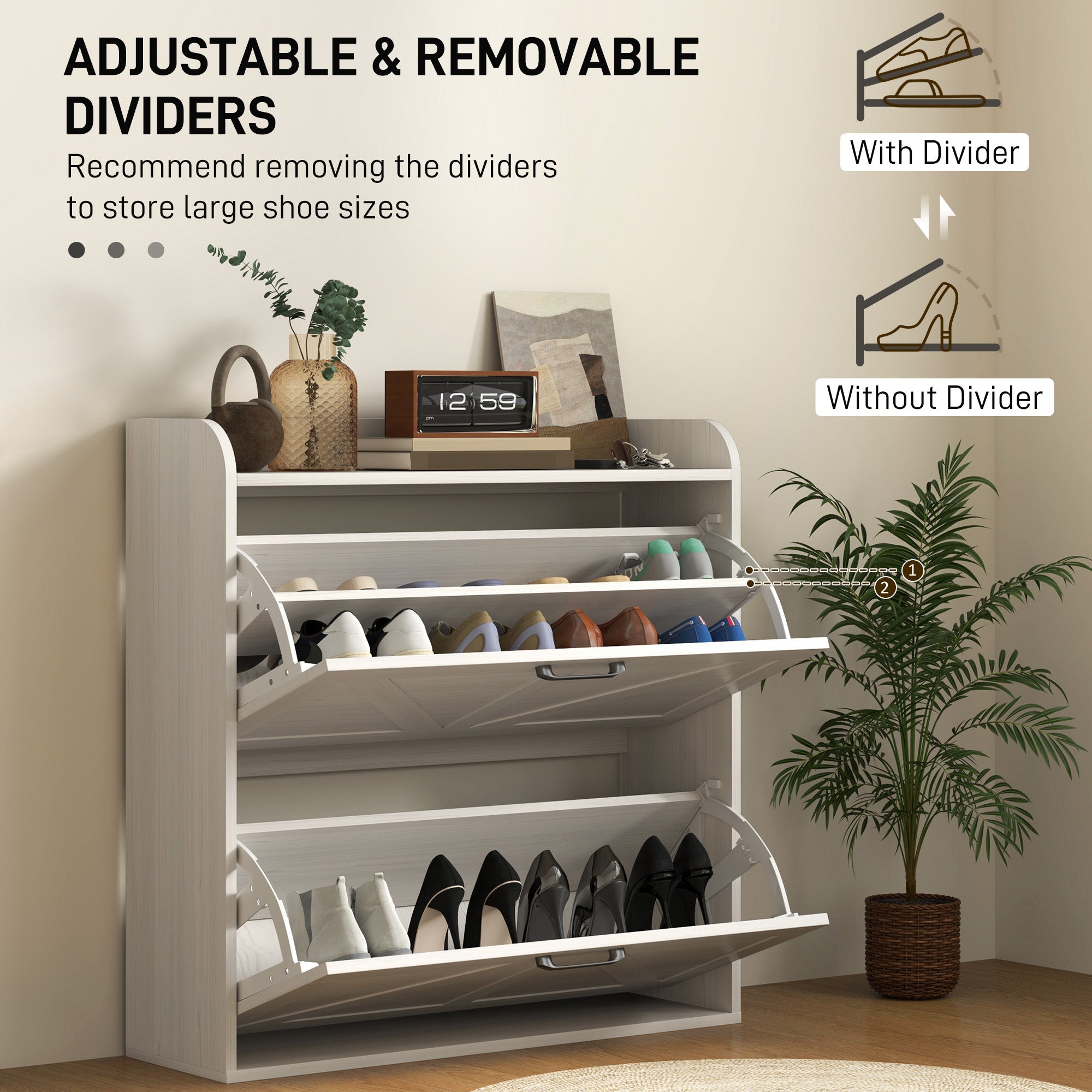 HOMCOM Narrow Shoe Storage Cabinet, Farmhouse Slim Shoe Cabinet with 2 Flip Drawers, Adjustable Shelves, Oak White 
