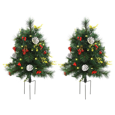 HOMCOM 2.5ft Twin Pack Prelit Mini Artificial Christmas Trees with LED Lights, Berry, Pine Needles & Pinecones Decor 