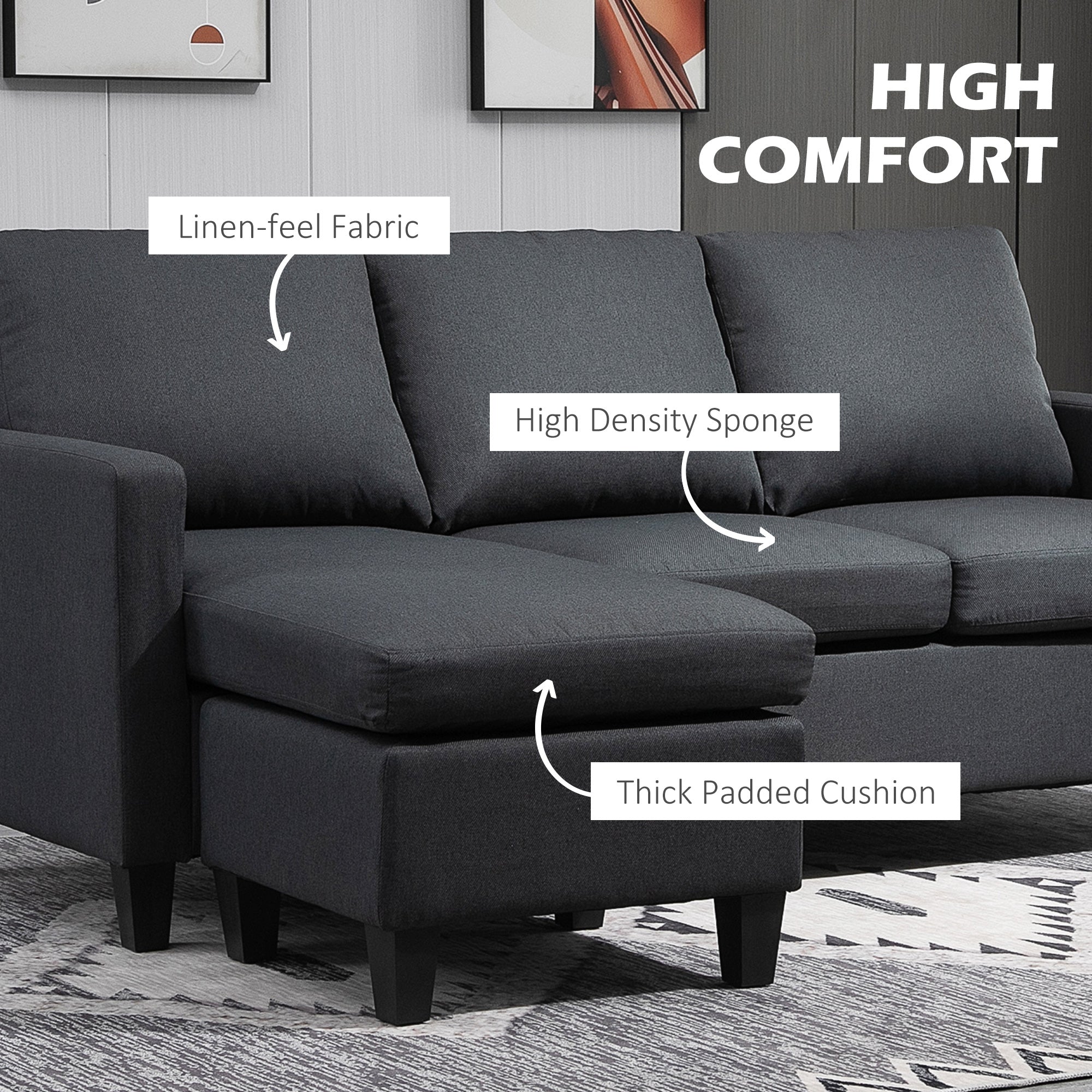 HOMCOM L Shape Sofa Modern Sectional Couch Reversible Ottoman Convertible Corner Sofa Living Room Dark Grey 