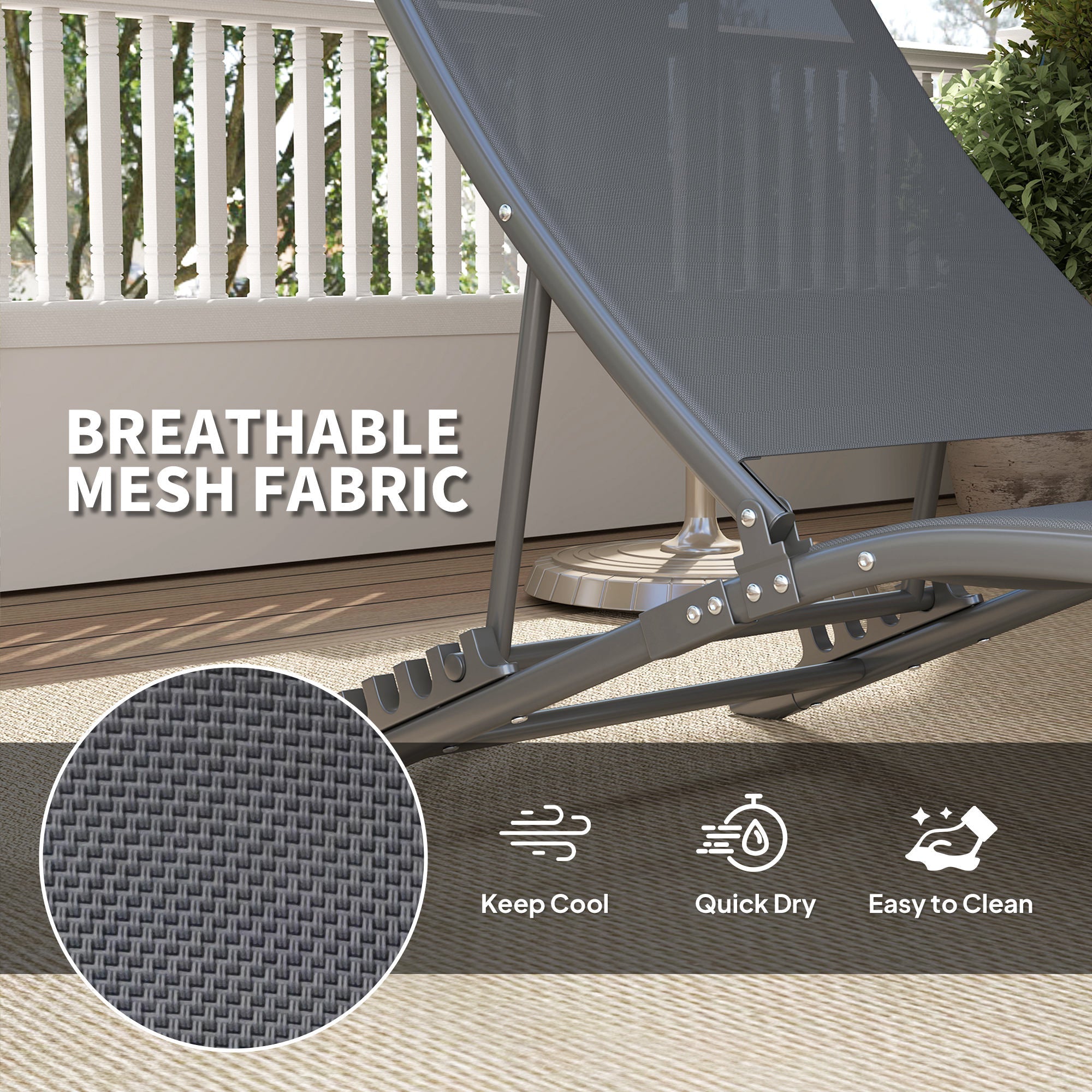 Outsunny Folding Outdoor Chaise Lounge Chair Set of 2 with Adjustable Backrest, Headrest, Mesh Seat for Beach, Poolside, Grey 